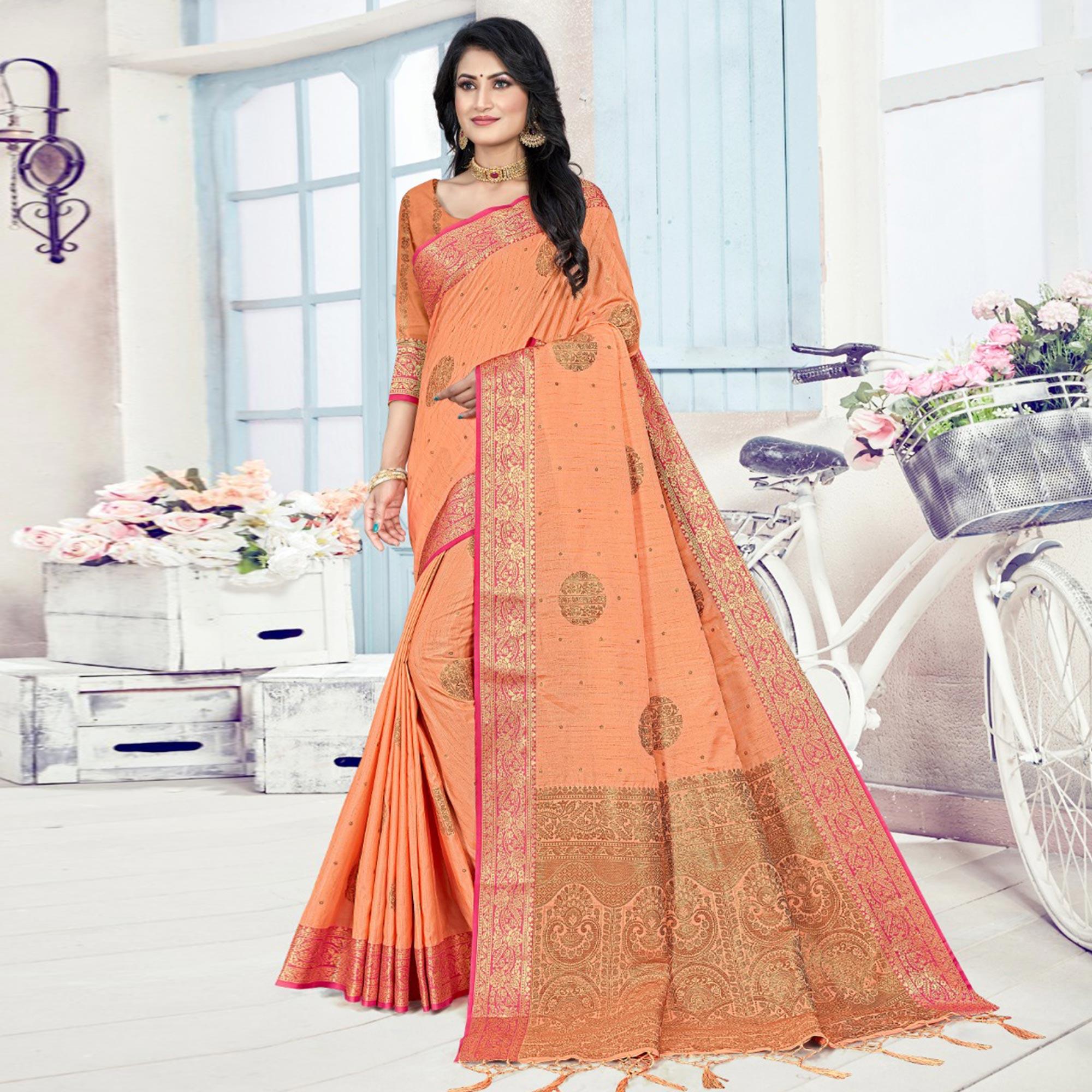 Orange Woven Cotton Silk Saree With Tassels - Peachmode