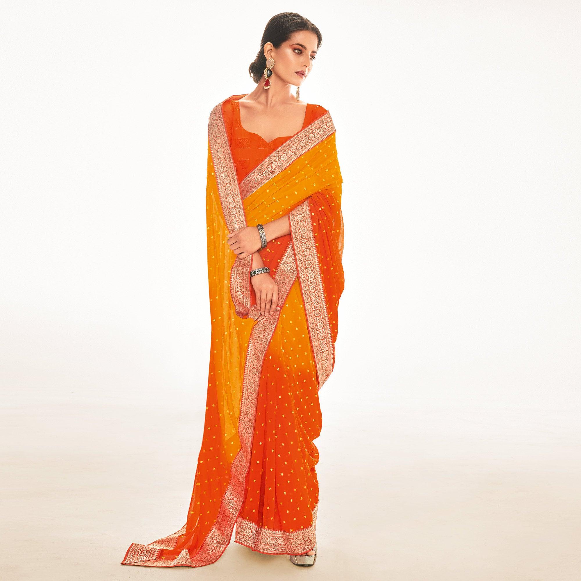 Orange Woven Georgette Saree - Peachmode