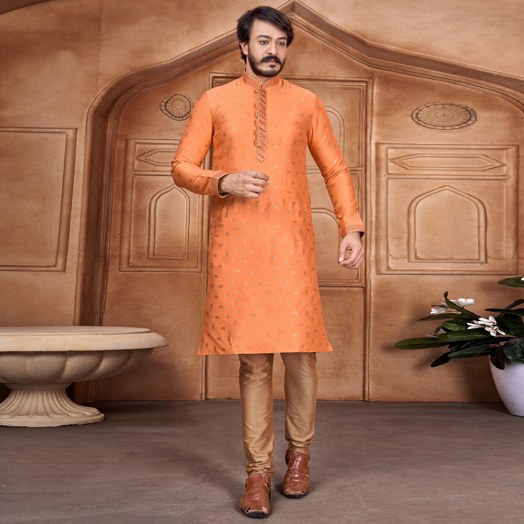 Orange Woven Jacquard Kurta Pyjama Set - Peachmode