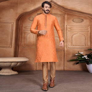 Orange Woven Jacquard Kurta Pyjama Set - Peachmode