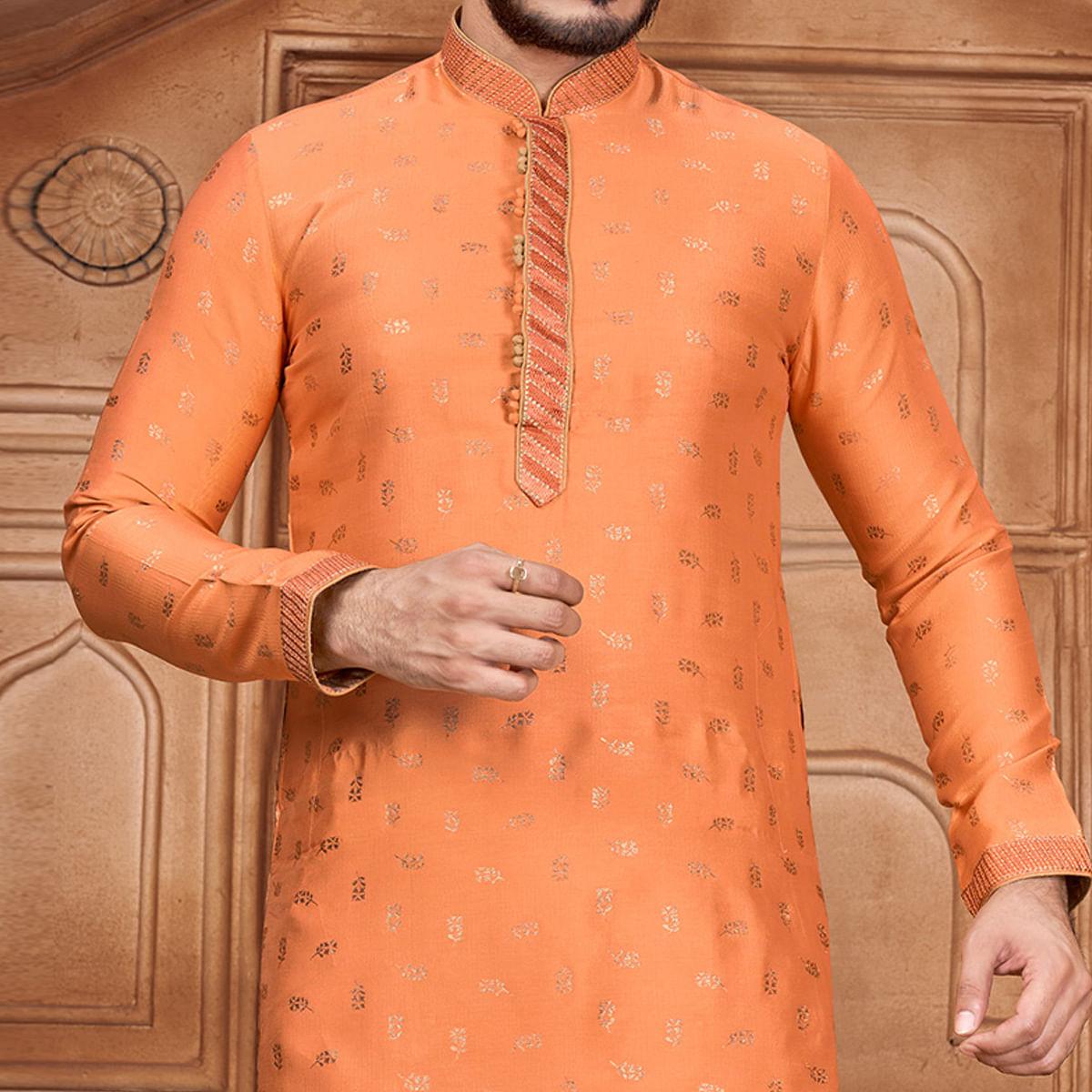 Orange Woven Jacquard Kurta Pyjama Set - Peachmode