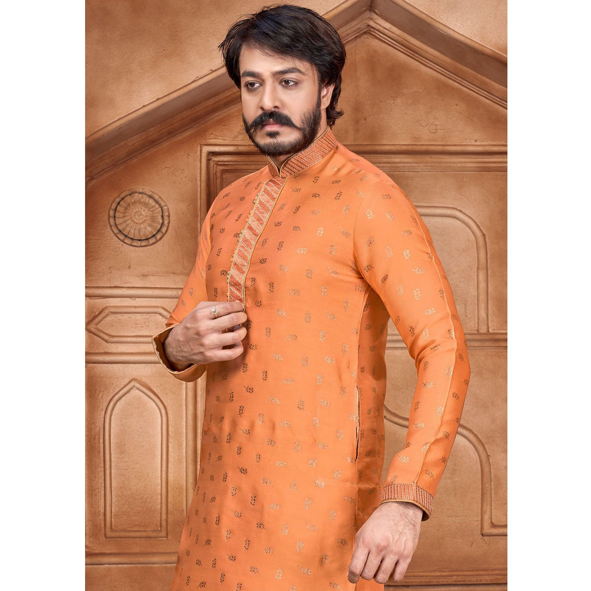 Orange Woven Jacquard Kurta Pyjama Set - Peachmode