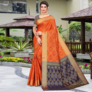 Orange Woven Jacquard Saree - Peachmode
