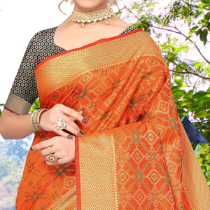 Orange Woven Jacquard Saree - Peachmode