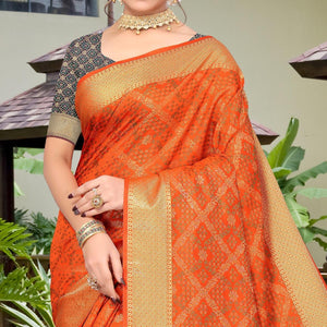 Orange Woven Jacquard Saree - Peachmode