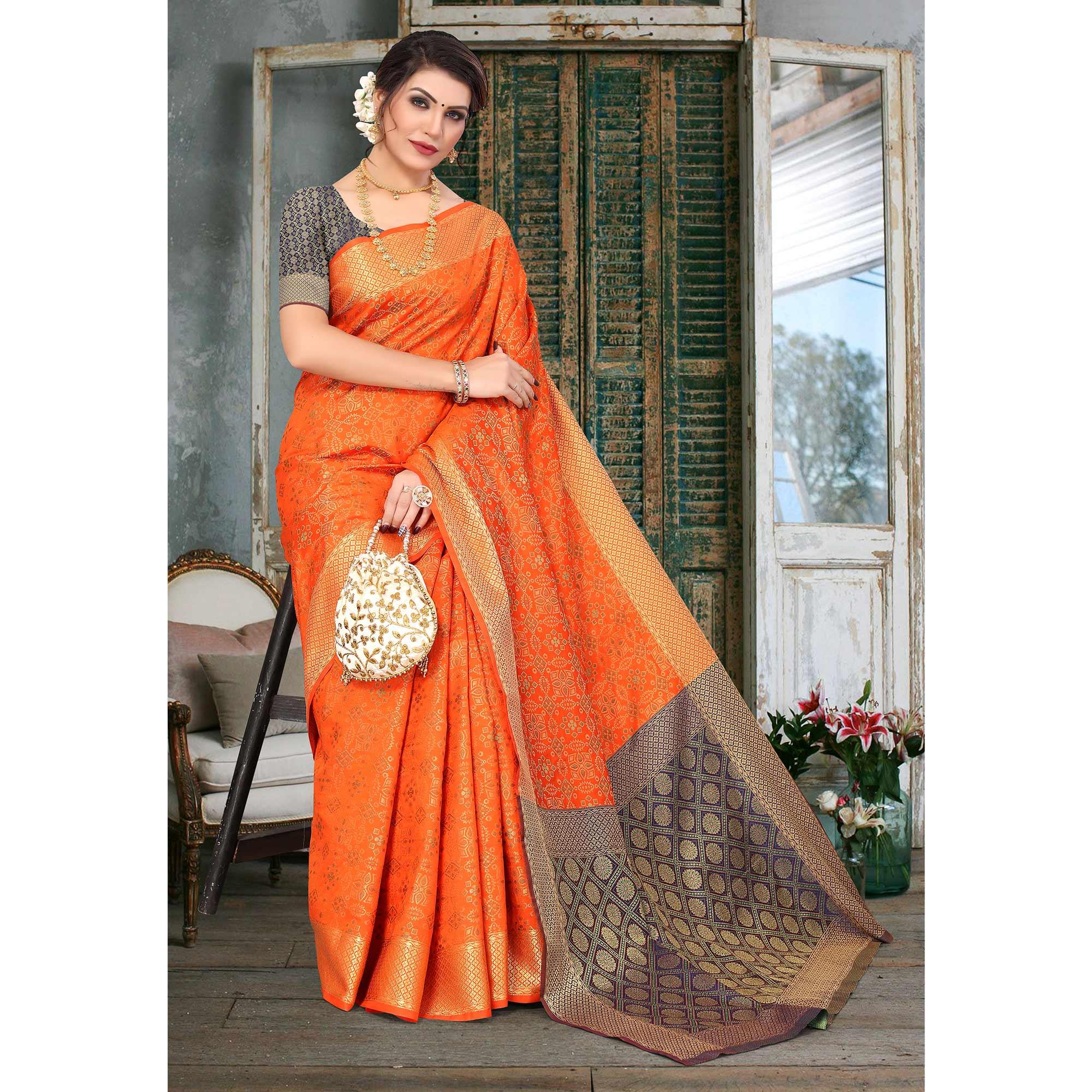 Orange Woven Jacquard Saree - Peachmode