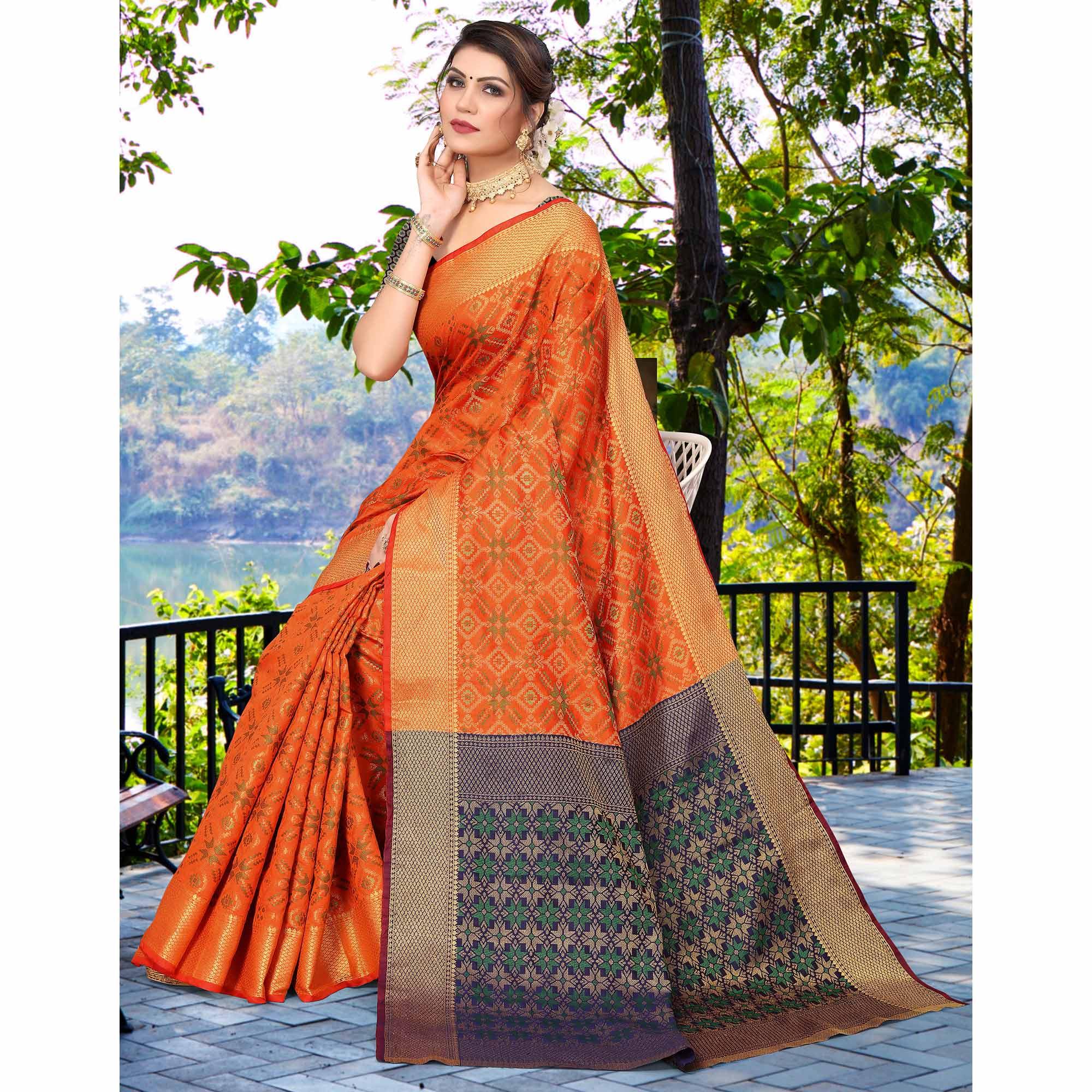 Orange Woven Jacquard Saree - Peachmode