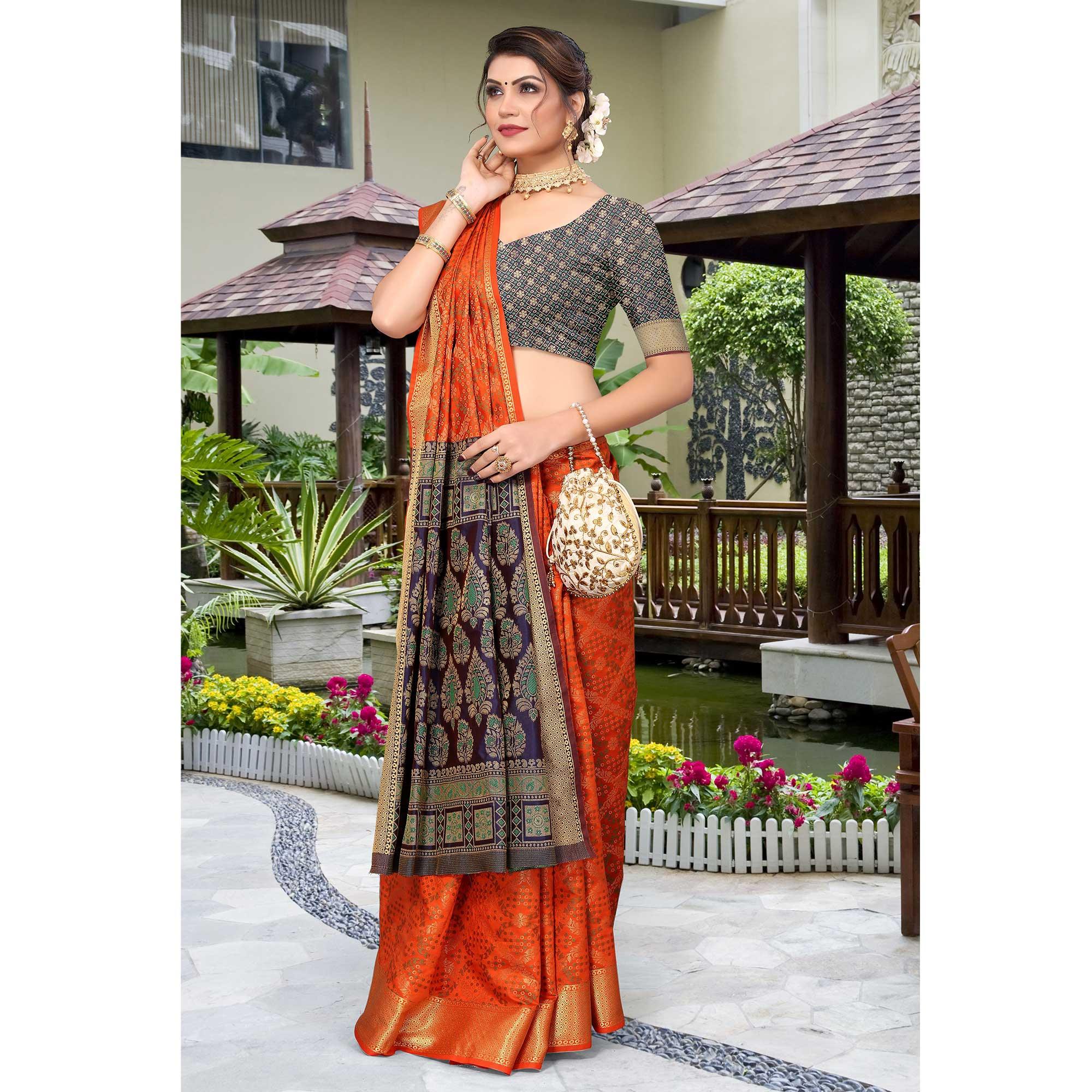Orange Woven Jacquard Saree - Peachmode