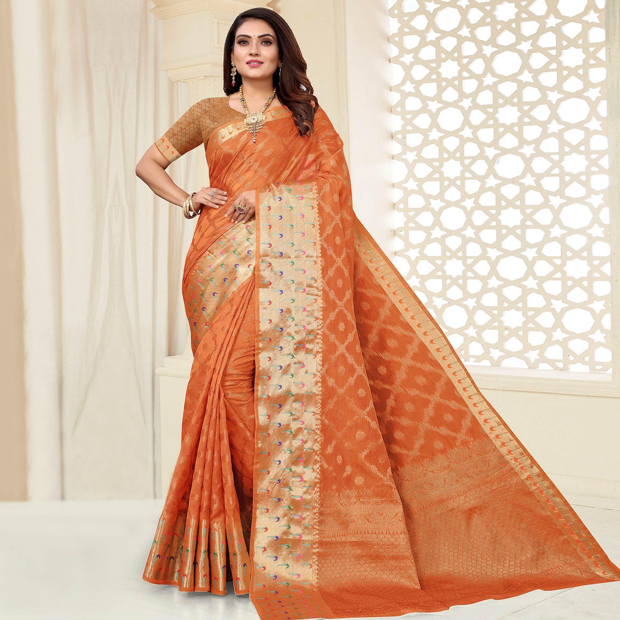 Orange Woven Organza Saree - Peachmode