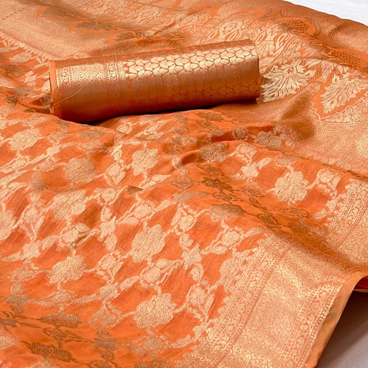 Orange Woven Organza Saree - Peachmode