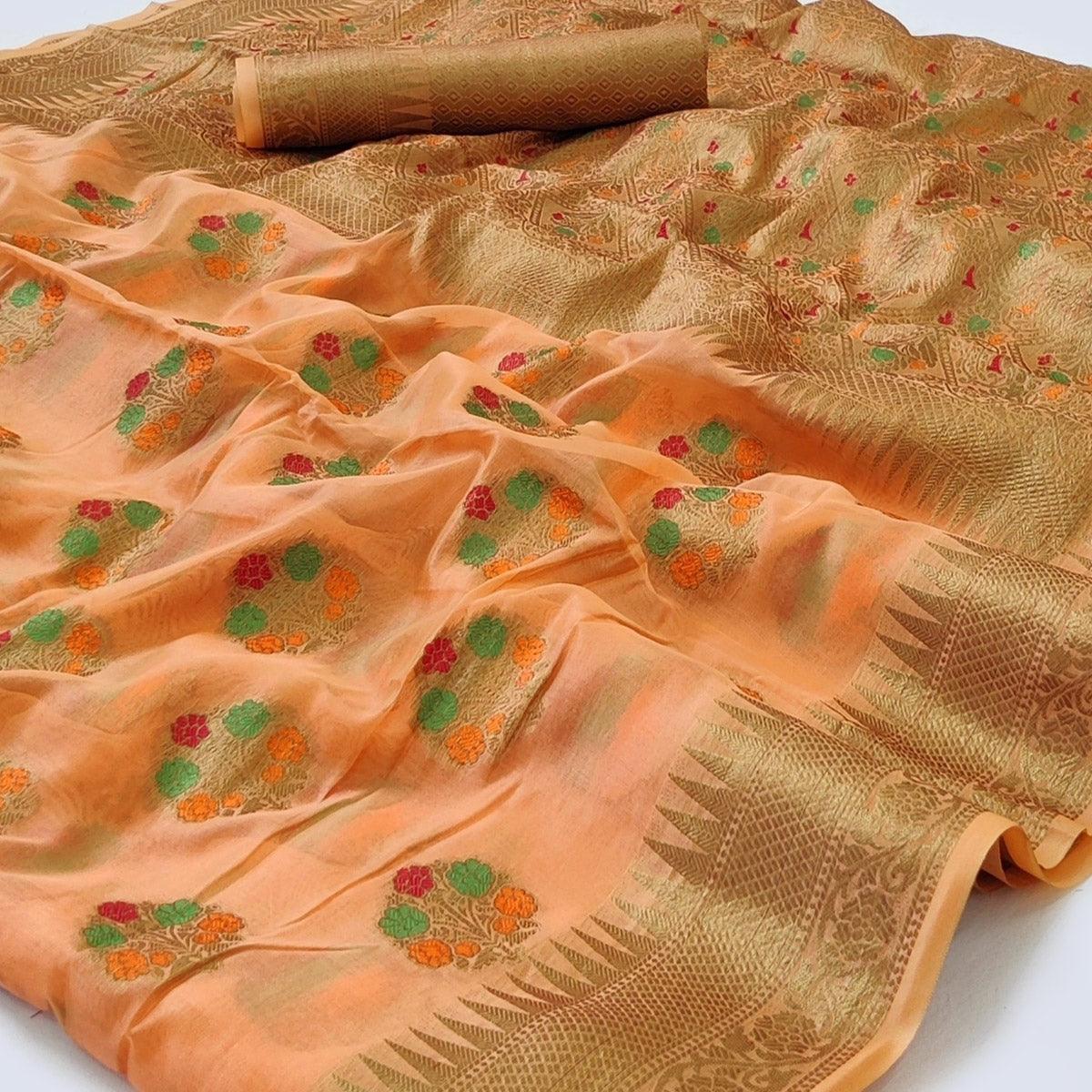 Orange Woven Organza Saree - Peachmode