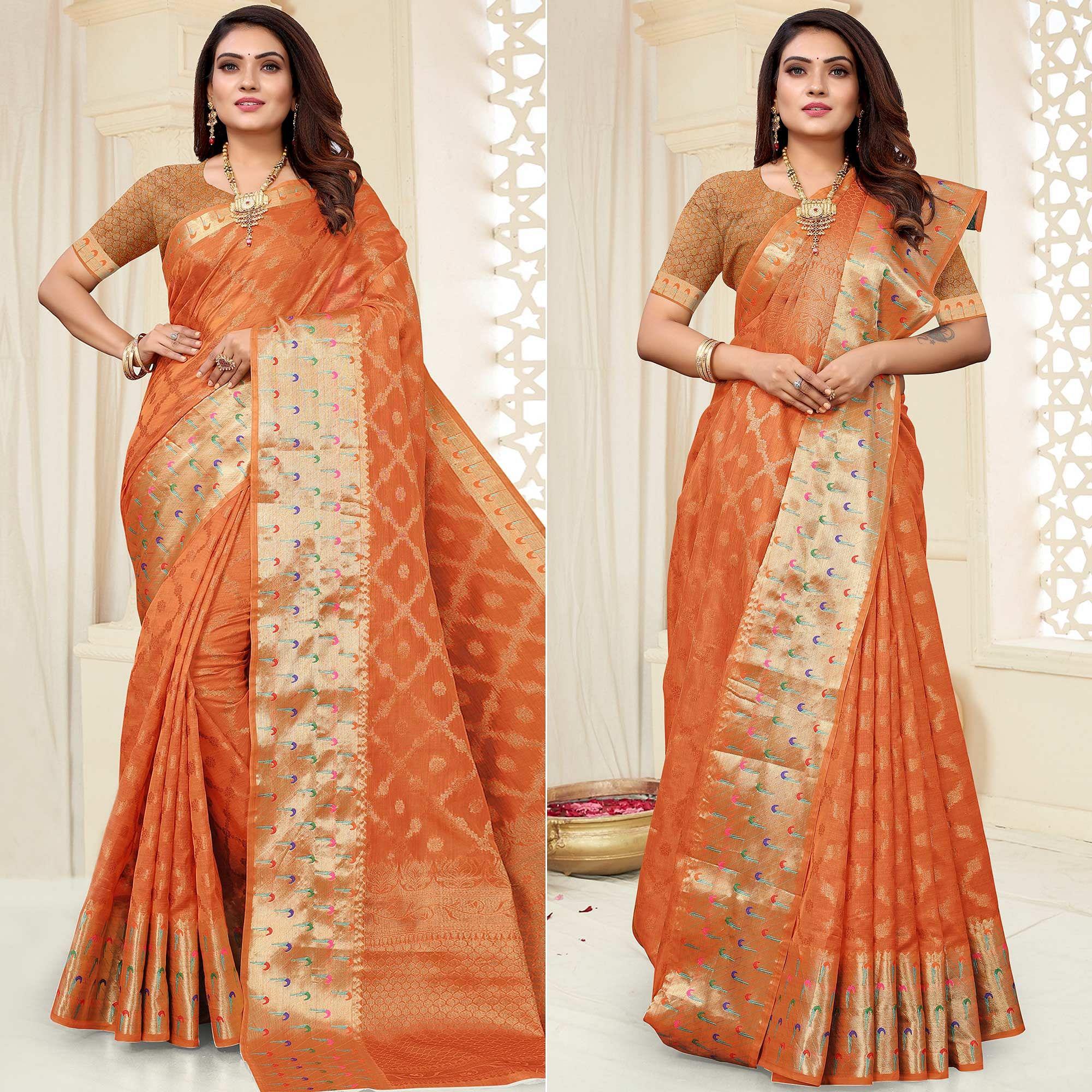 Orange Woven Organza Saree - Peachmode