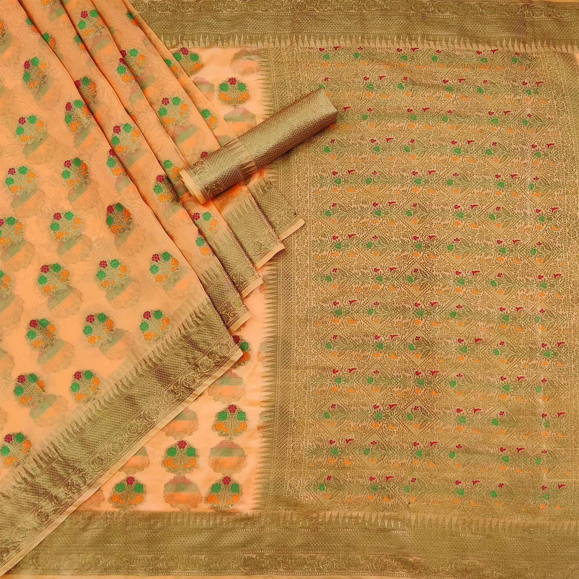 Orange Woven Organza Saree - Peachmode