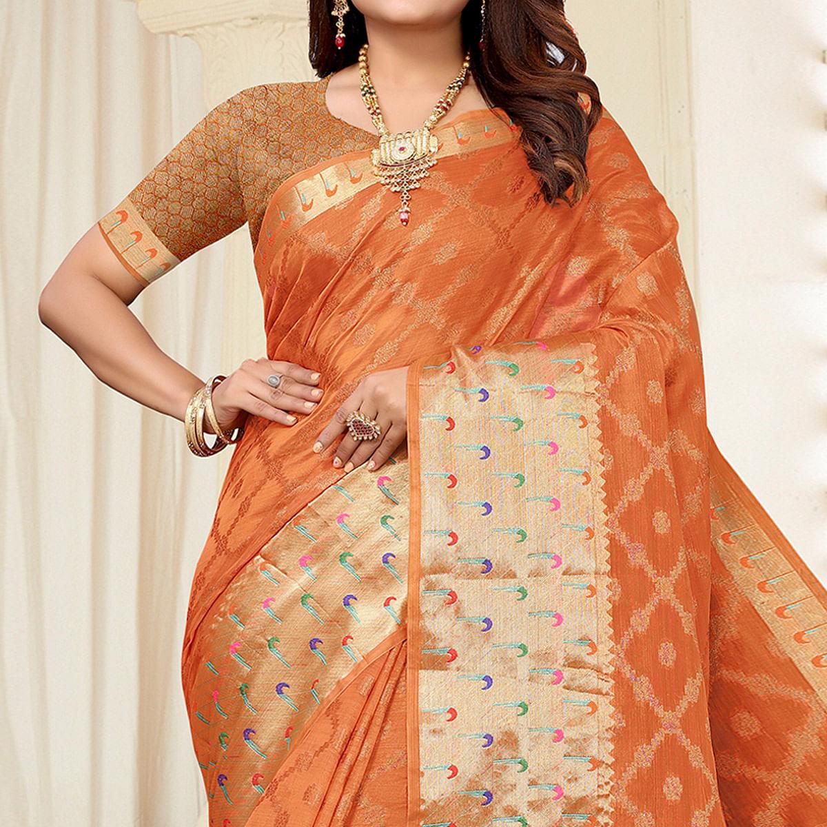 Orange Woven Organza Saree - Peachmode