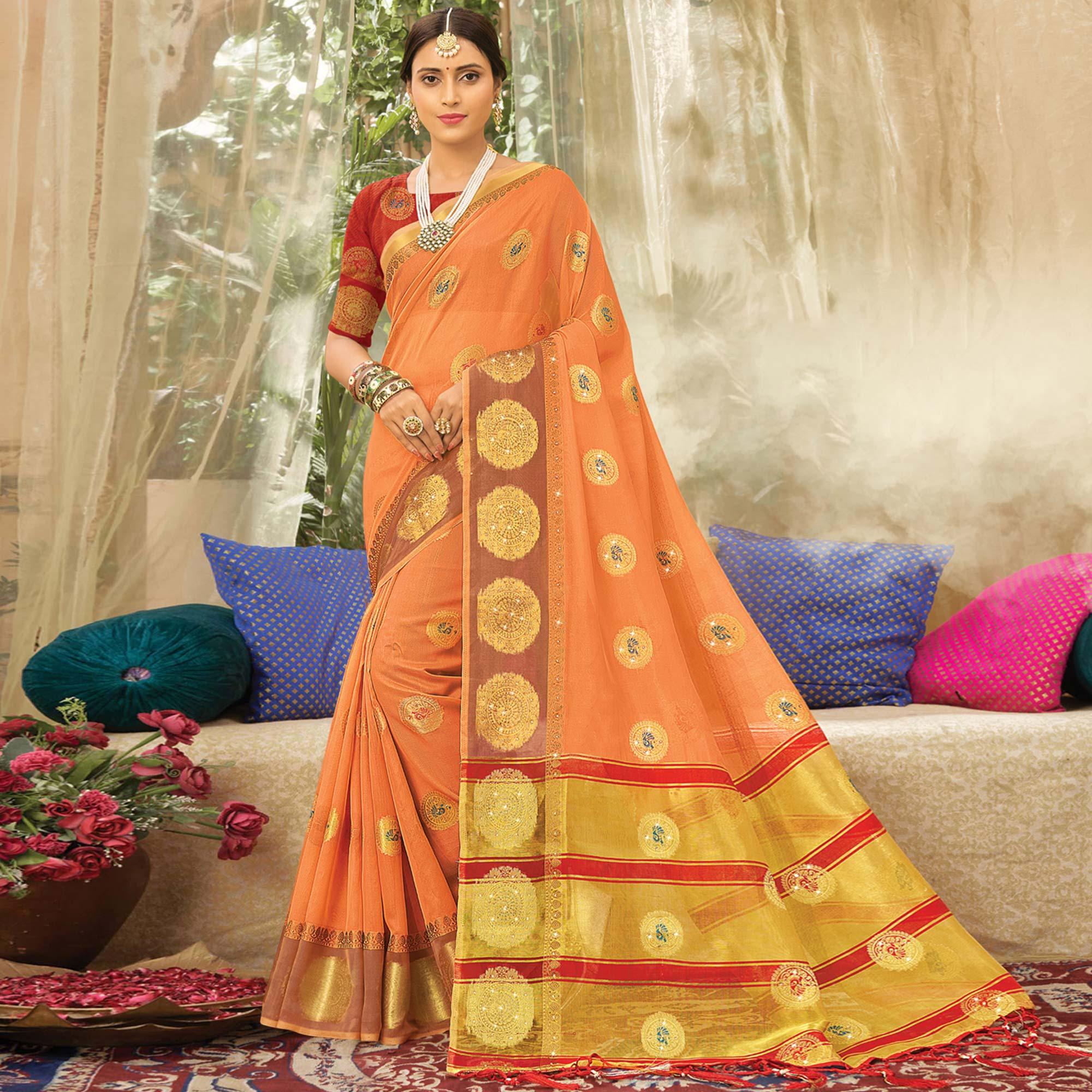 Orange Woven Organza Saree With Tassels - Peachmode