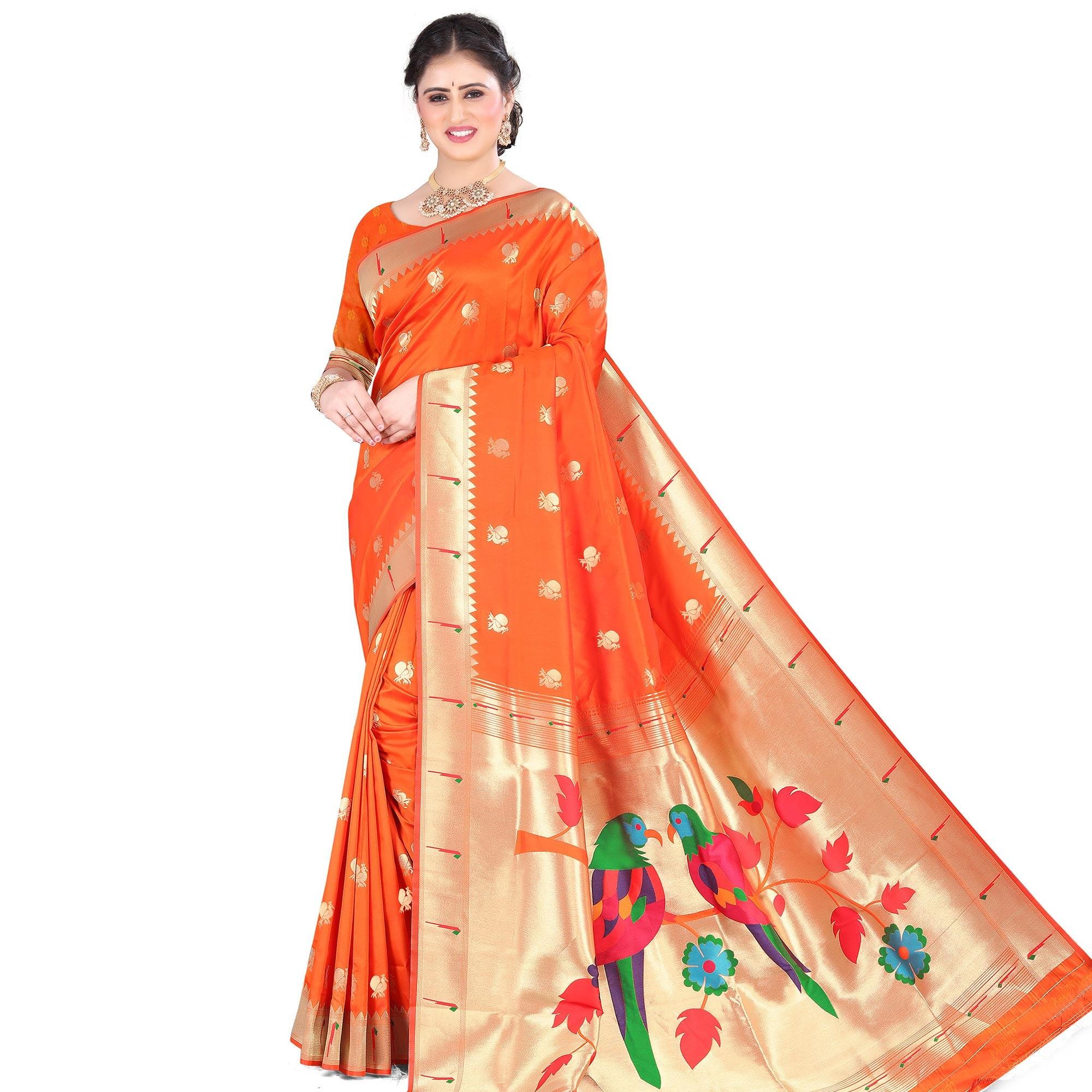 Orange Woven Paithani Art Silk Saree - Peachmode