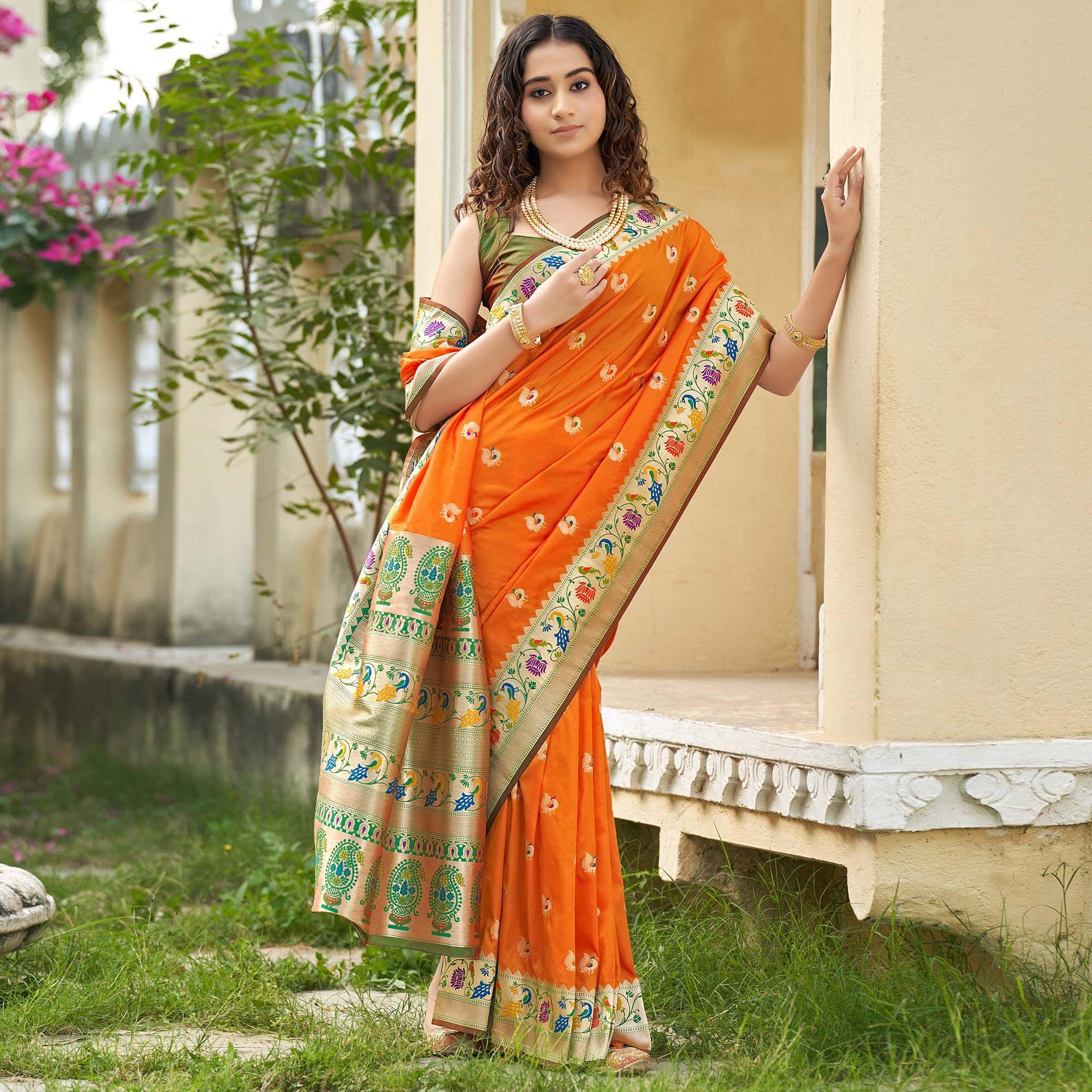 Orange Woven Paithani Saree - Peachmode