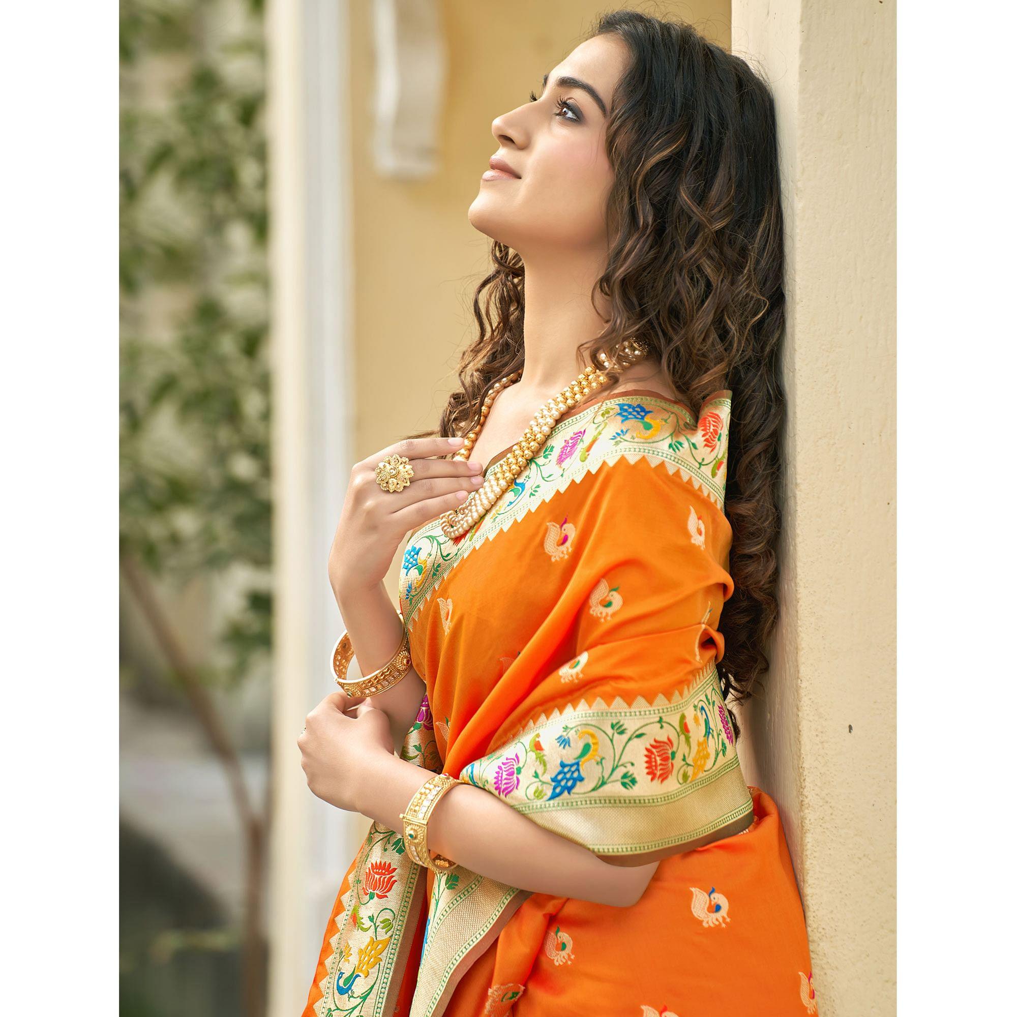 Orange Woven Paithani Saree - Peachmode