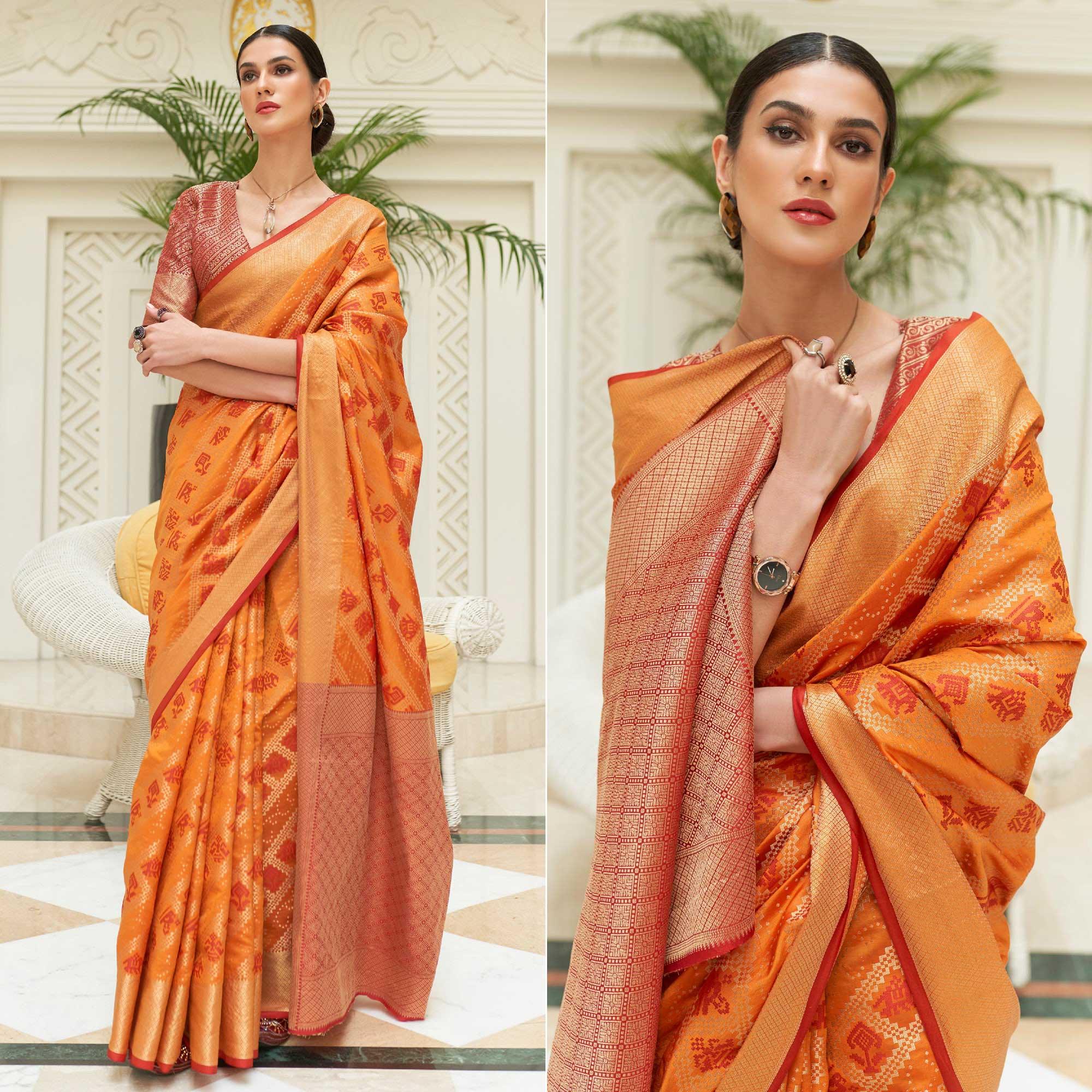 Orange Woven Patola Silk Saree - Peachmode