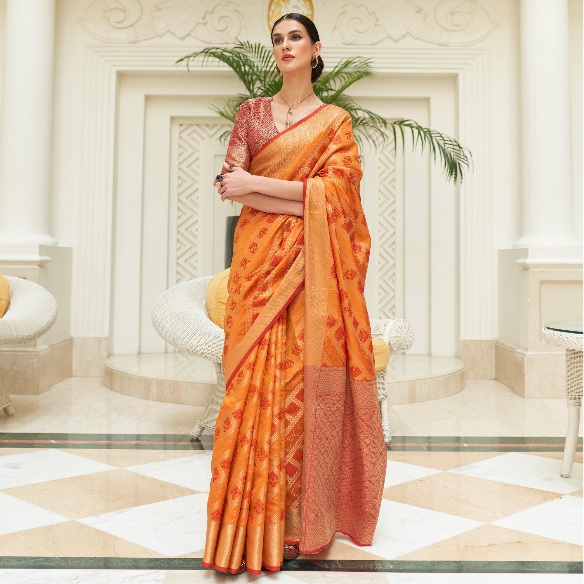 Orange Woven Patola Silk Saree - Peachmode