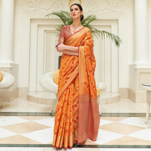 Orange Woven Patola Silk Saree - Peachmode
