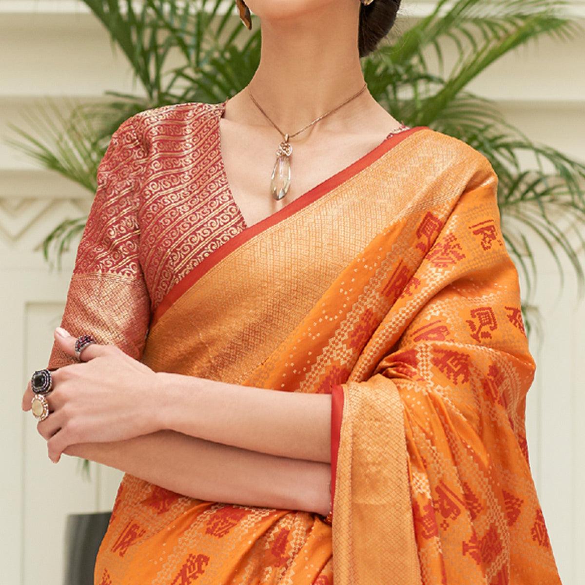 Orange Woven Patola Silk Saree - Peachmode