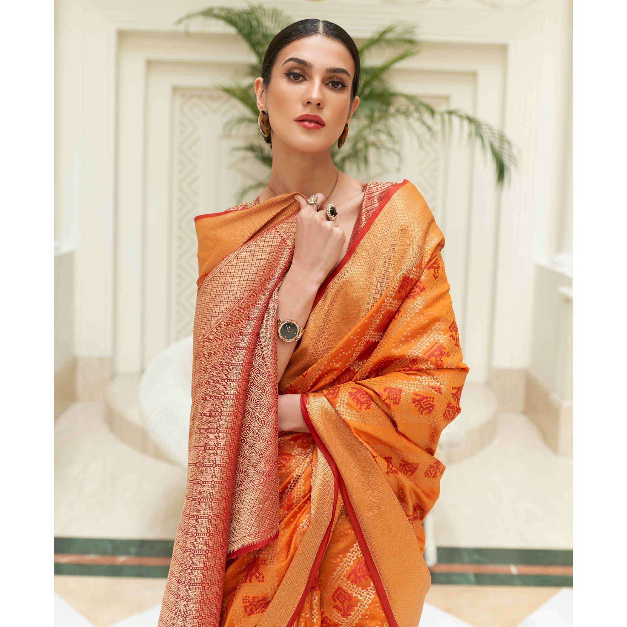 Orange Woven Patola Silk Saree - Peachmode