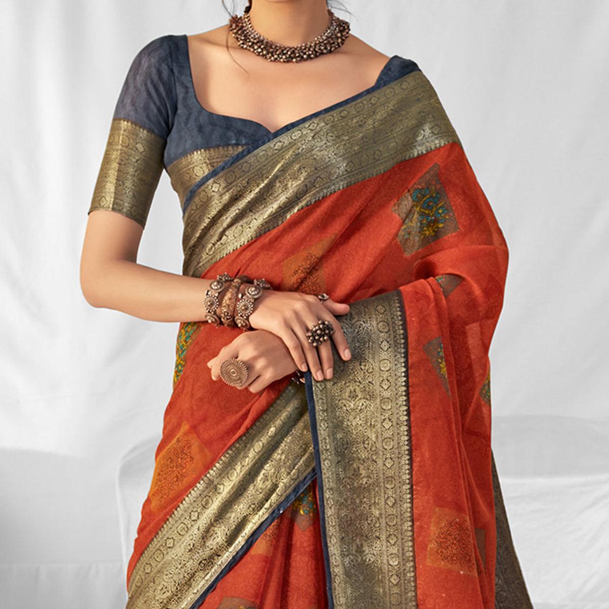 Orange Woven-Printed Chanderi Saree - Peachmode