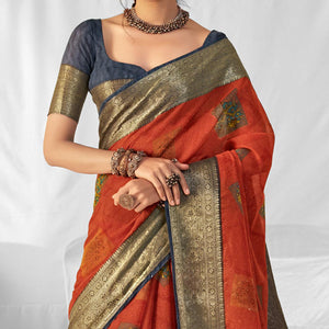 Orange Woven-Printed Chanderi Saree - Peachmode