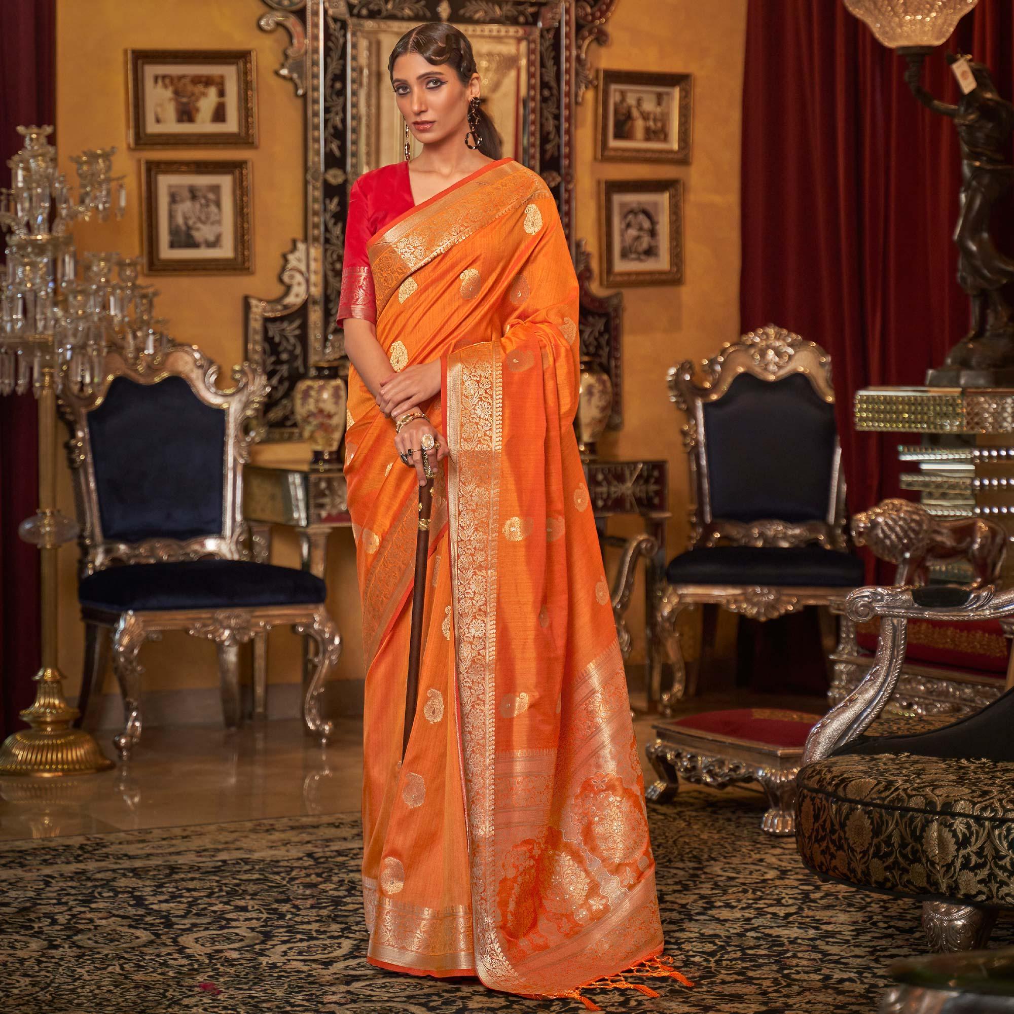 Orange Woven Pure Silk Saree - Peachmode