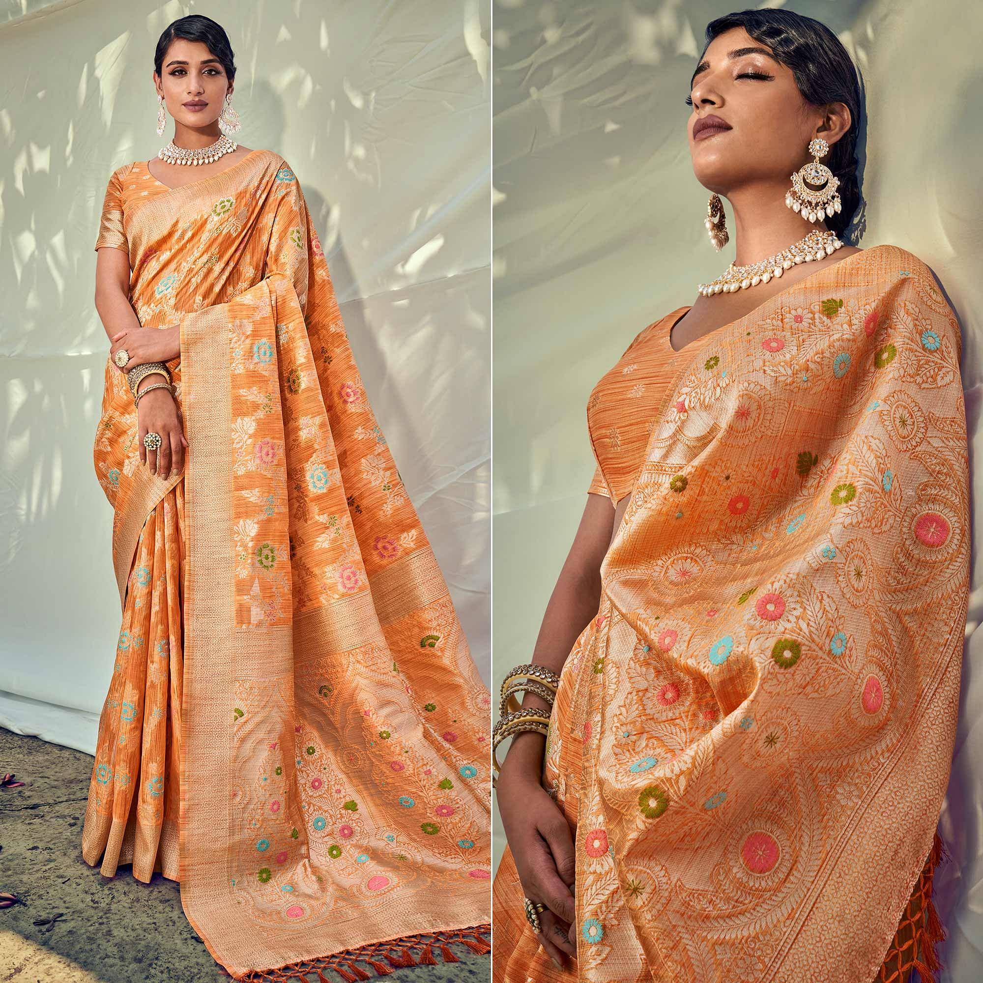 Orange Woven Pure Silk Saree With Tassels - Peachmode