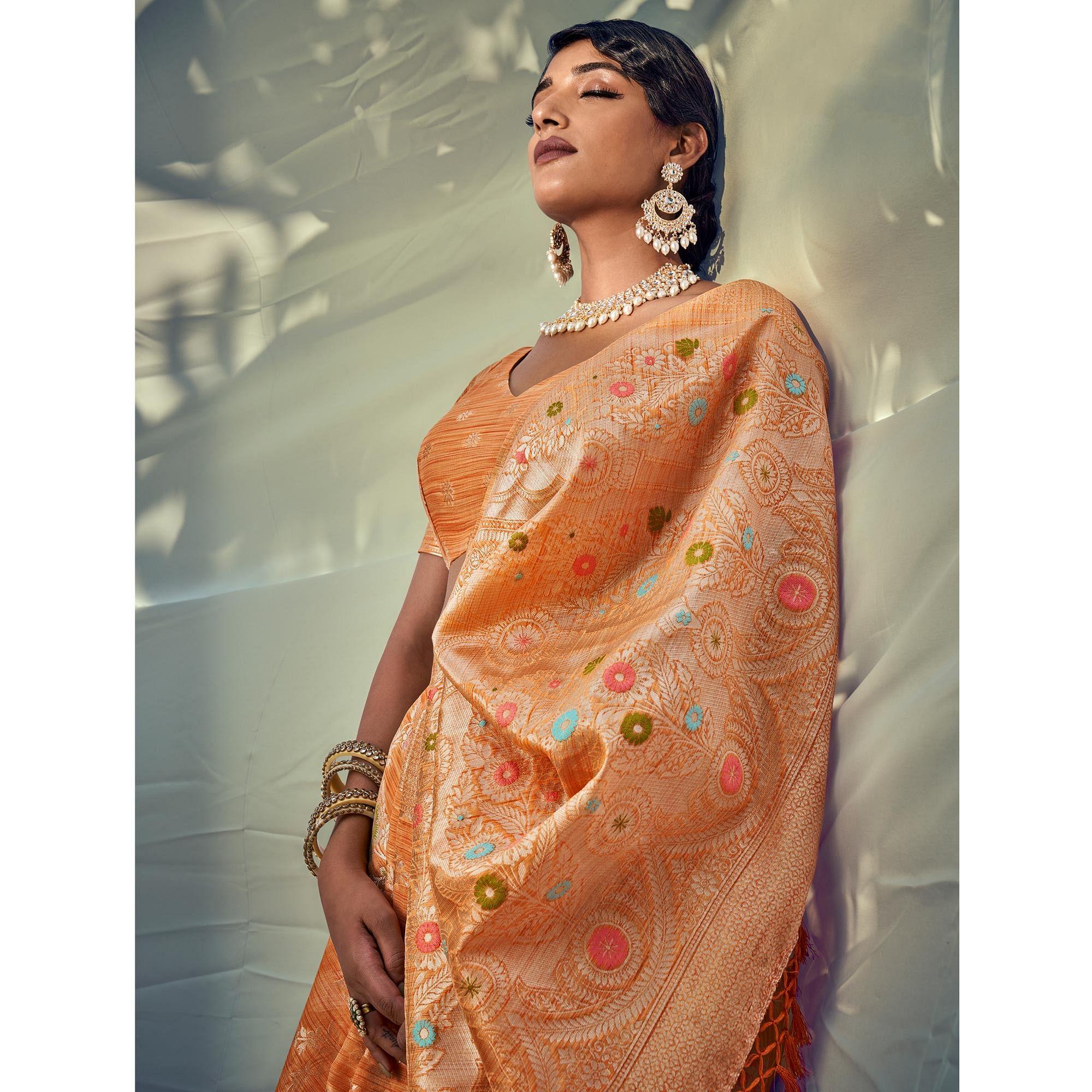 Orange Woven Pure Silk Saree With Tassels - Peachmode