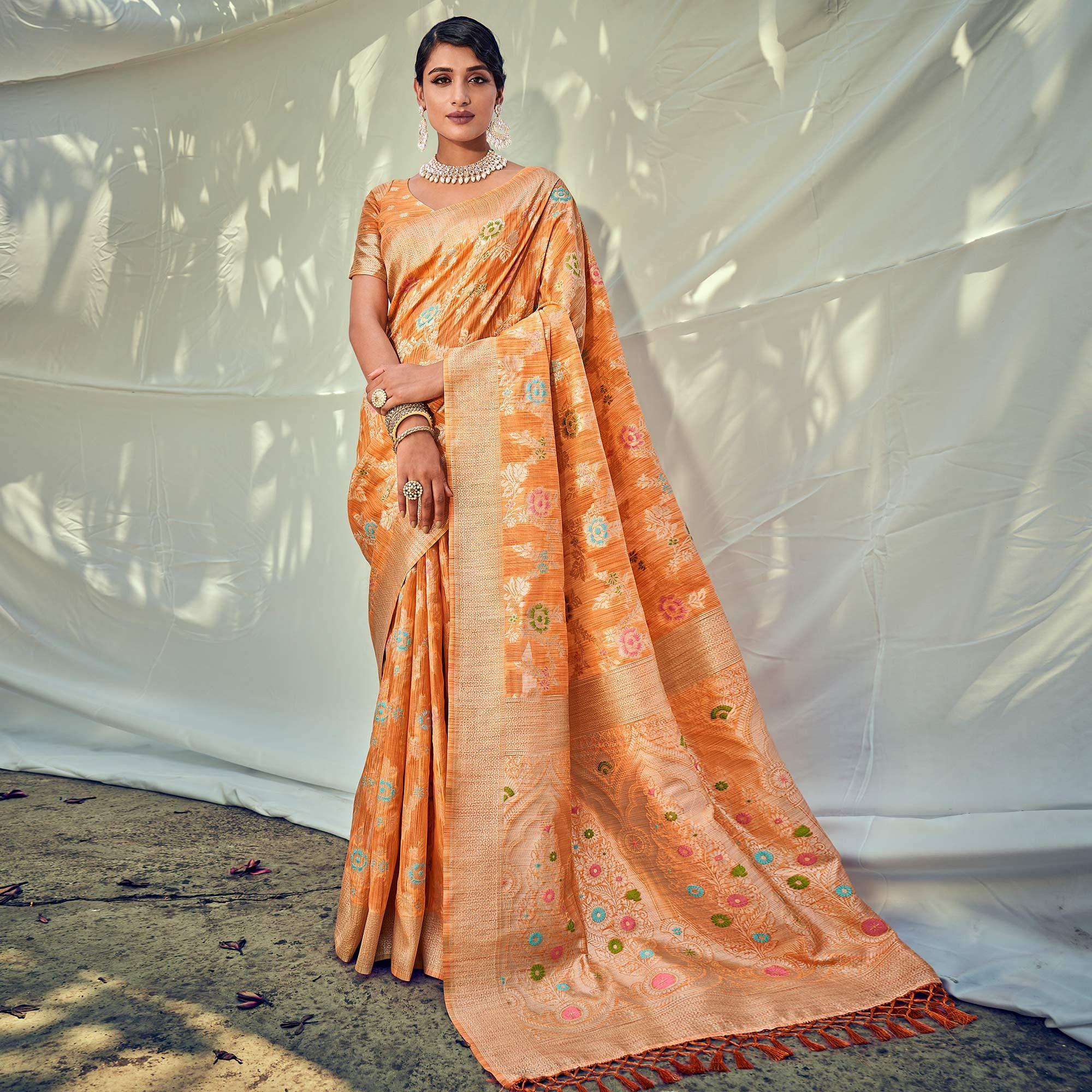 Orange Woven Pure Silk Saree With Tassels - Peachmode