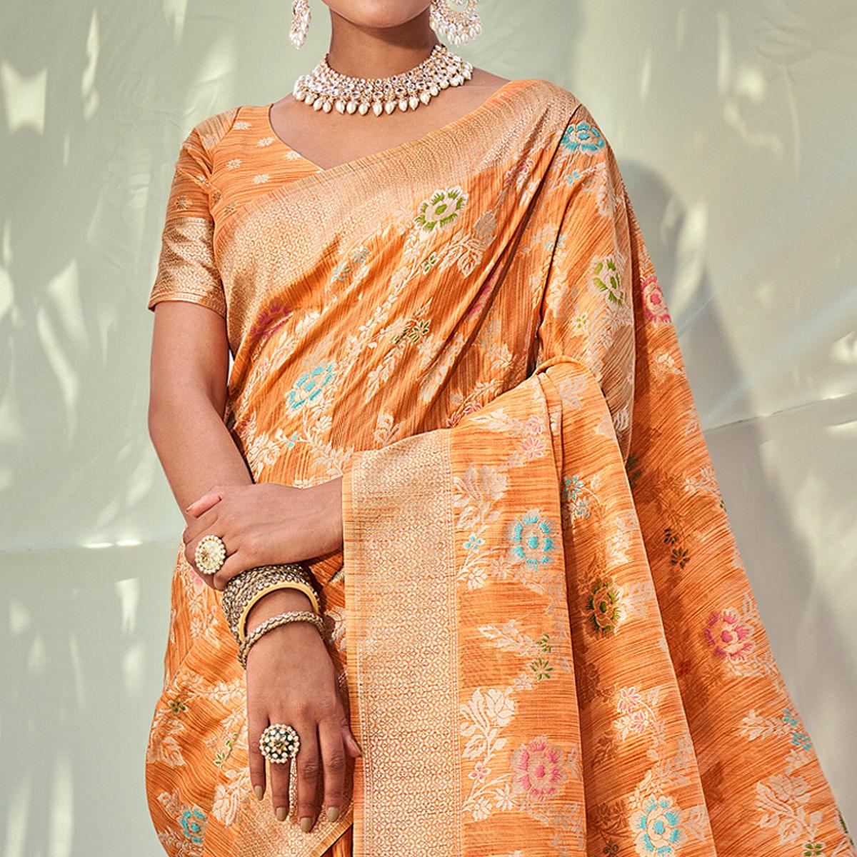 Orange Woven Pure Silk Saree With Tassels - Peachmode