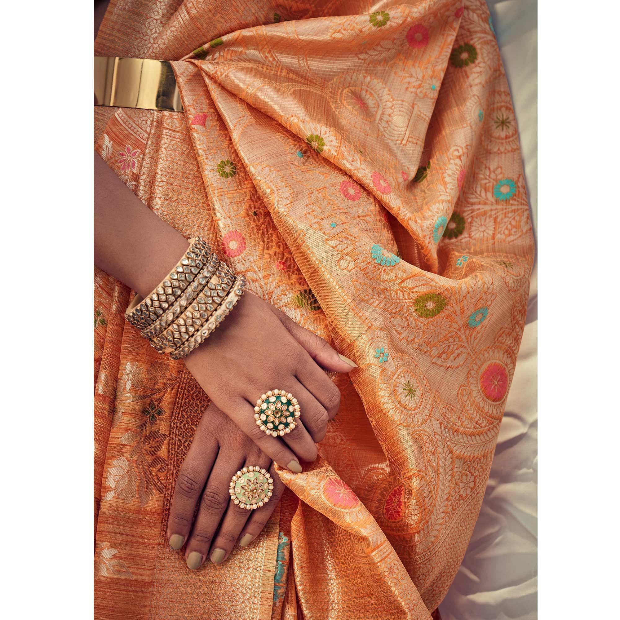 Orange Woven Pure Silk Saree With Tassels - Peachmode
