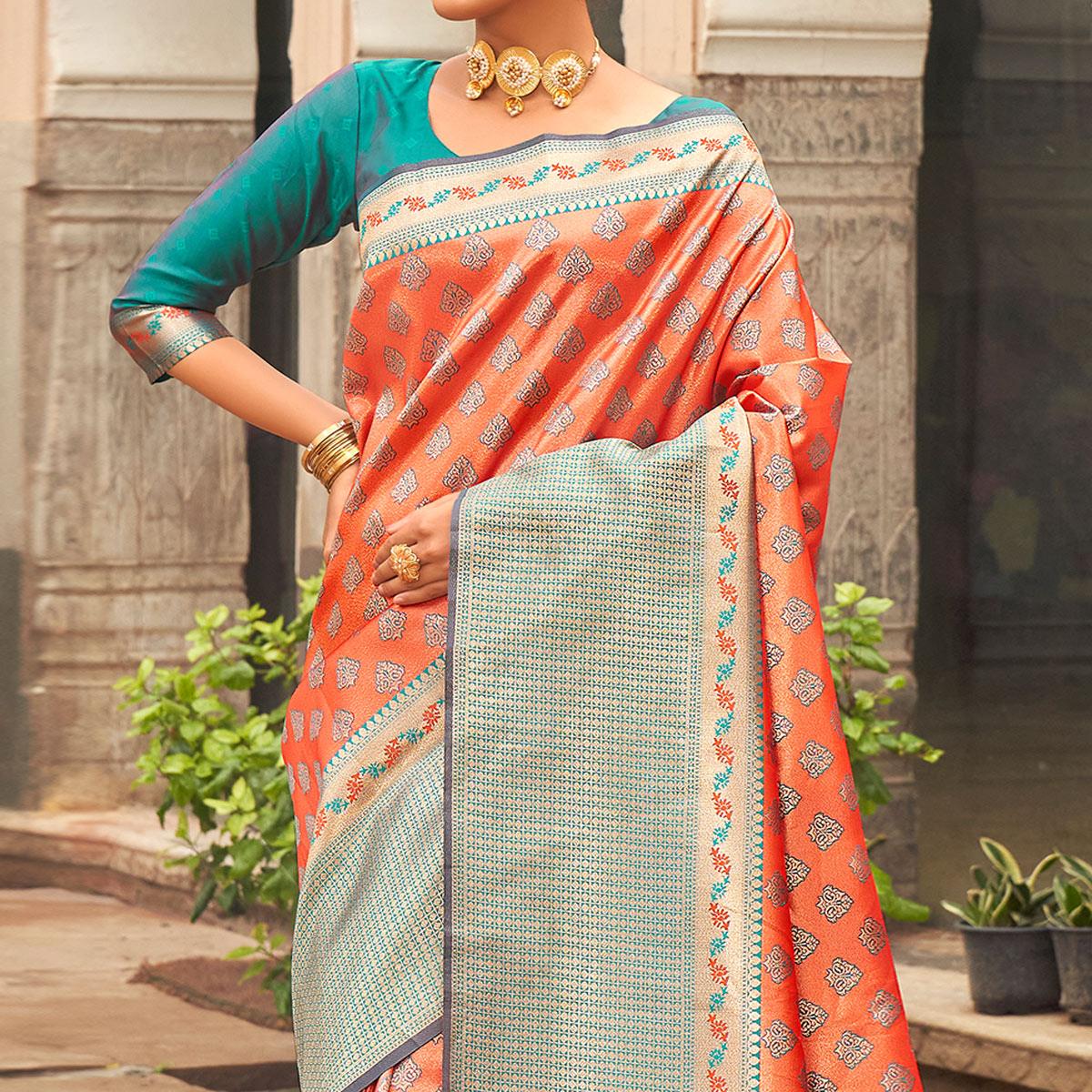 Orange Woven Silk Saree With Tassels - Peachmode