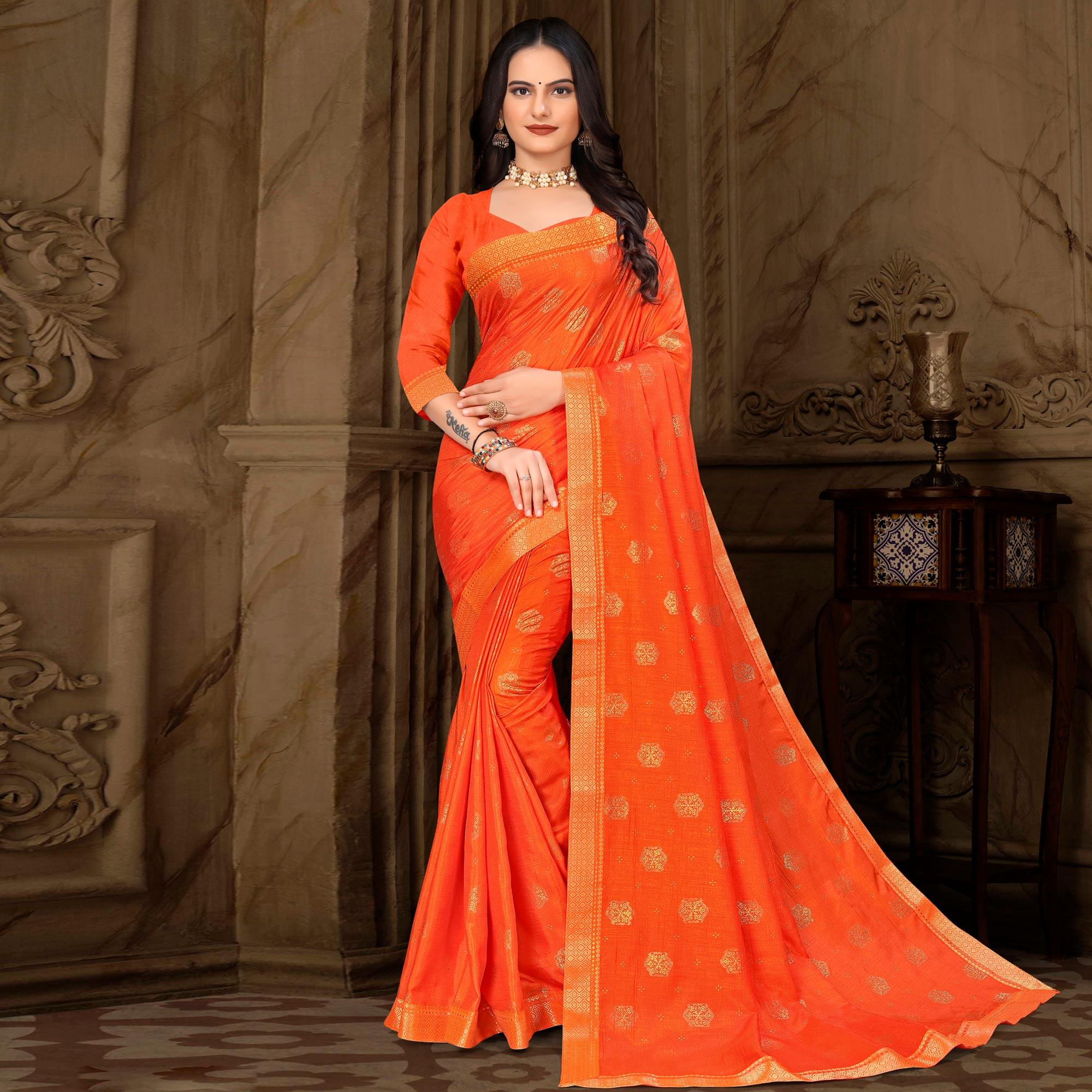 Orange Woven Vichitra Silk Saree - Peachmode