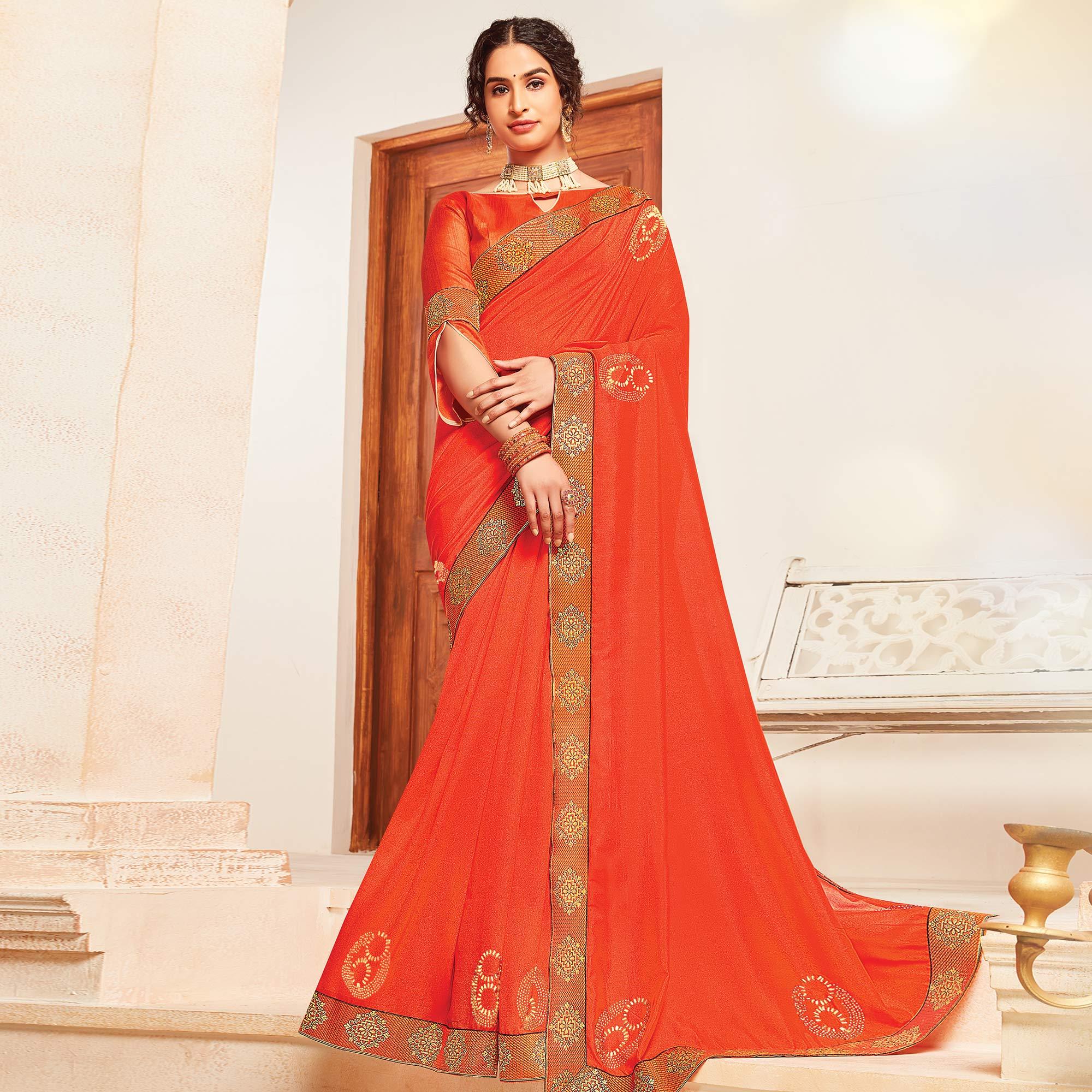 Orange Woven Vichitra Silk Saree - Peachmode