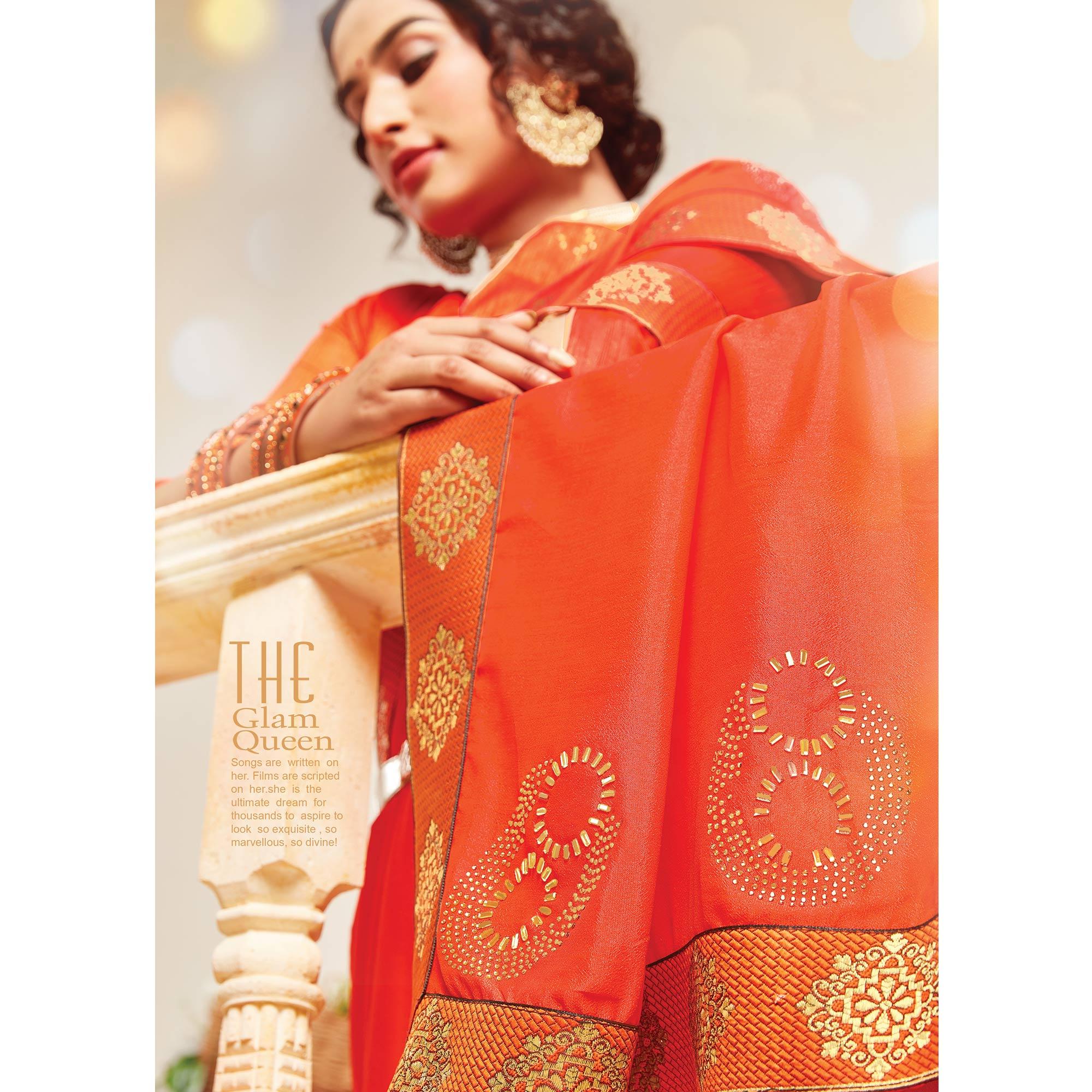 Orange Woven Vichitra Silk Saree - Peachmode