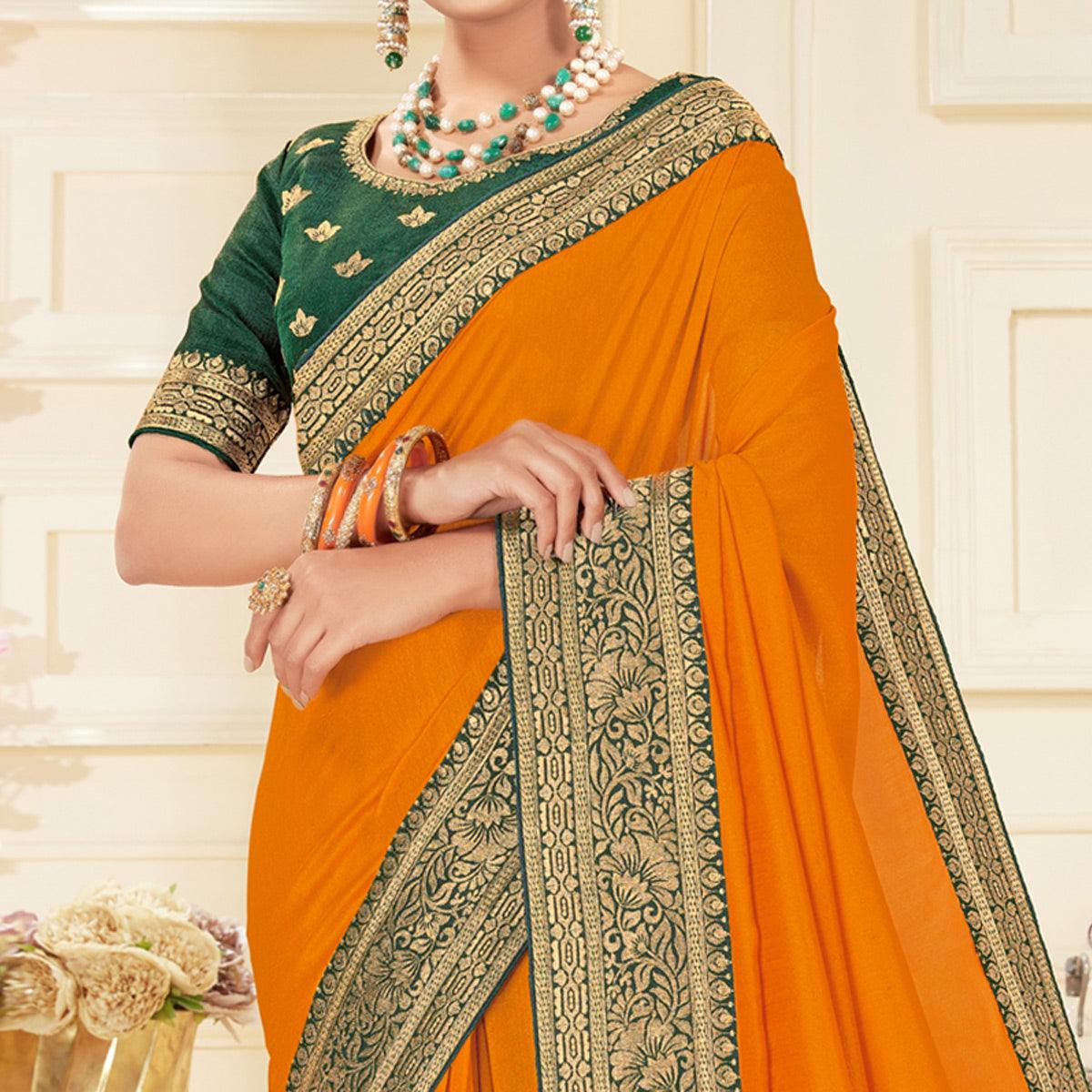 Orange Woven Vichitra Silk Saree - Peachmode