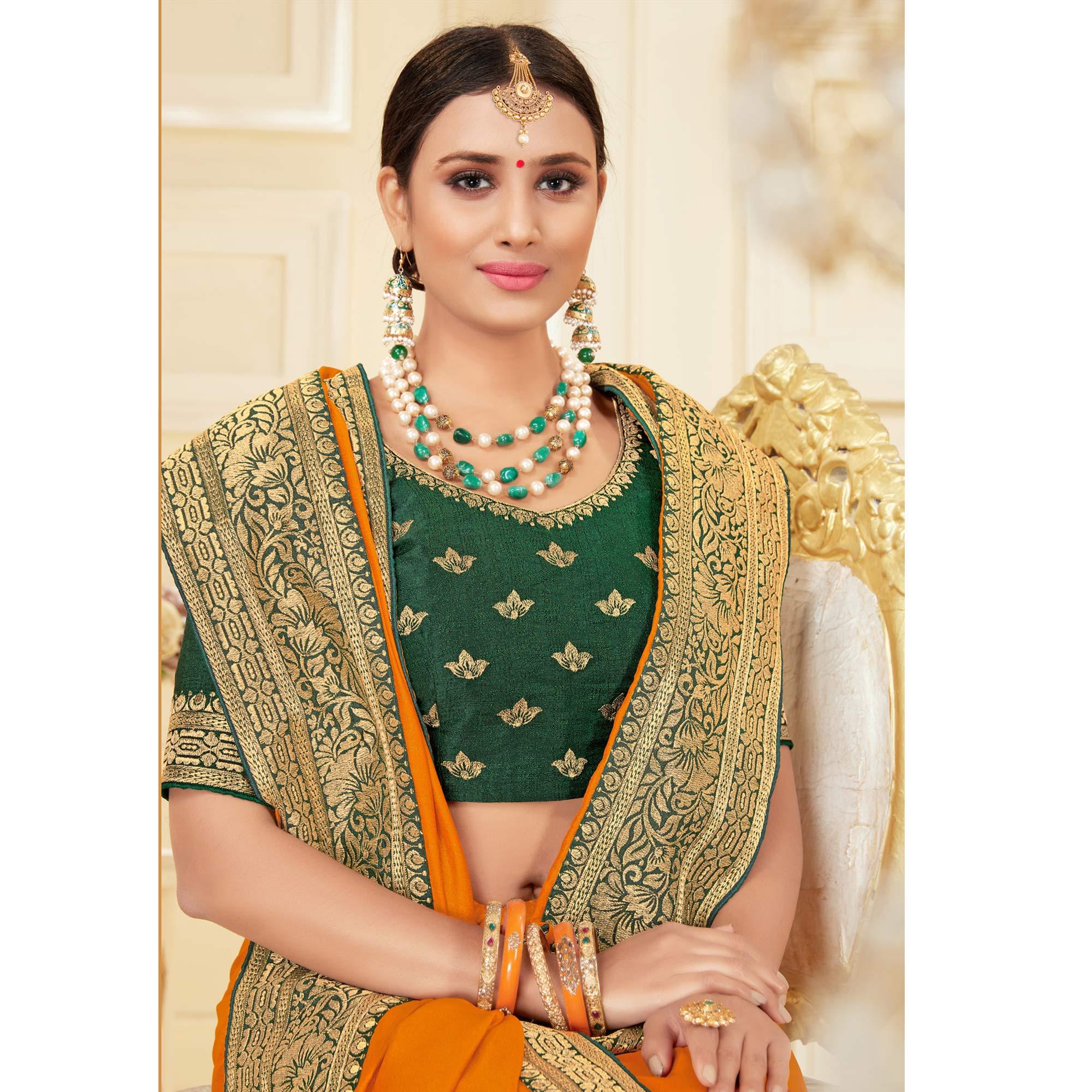 Orange Woven Vichitra Silk Saree - Peachmode