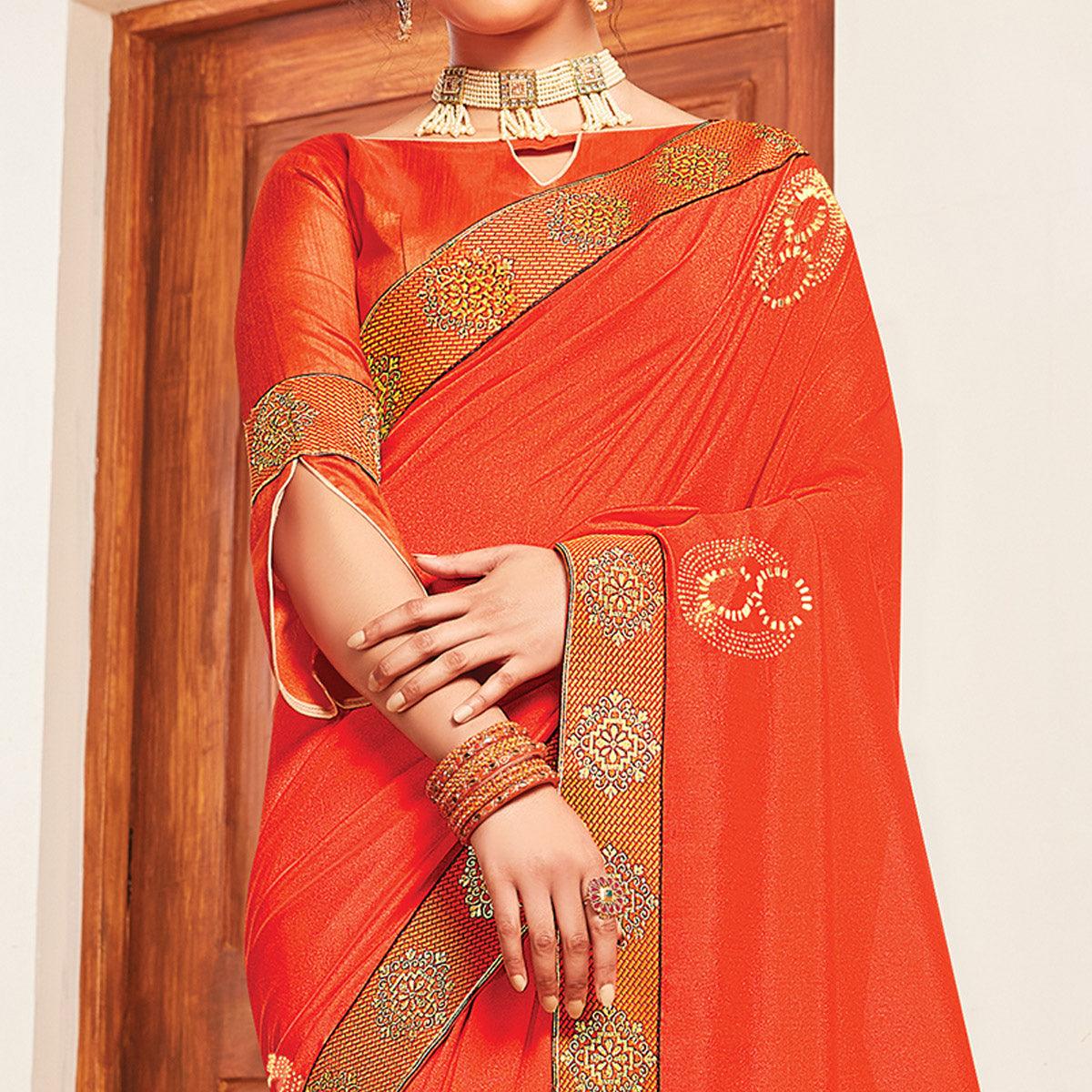 Orange Woven Vichitra Silk Saree - Peachmode