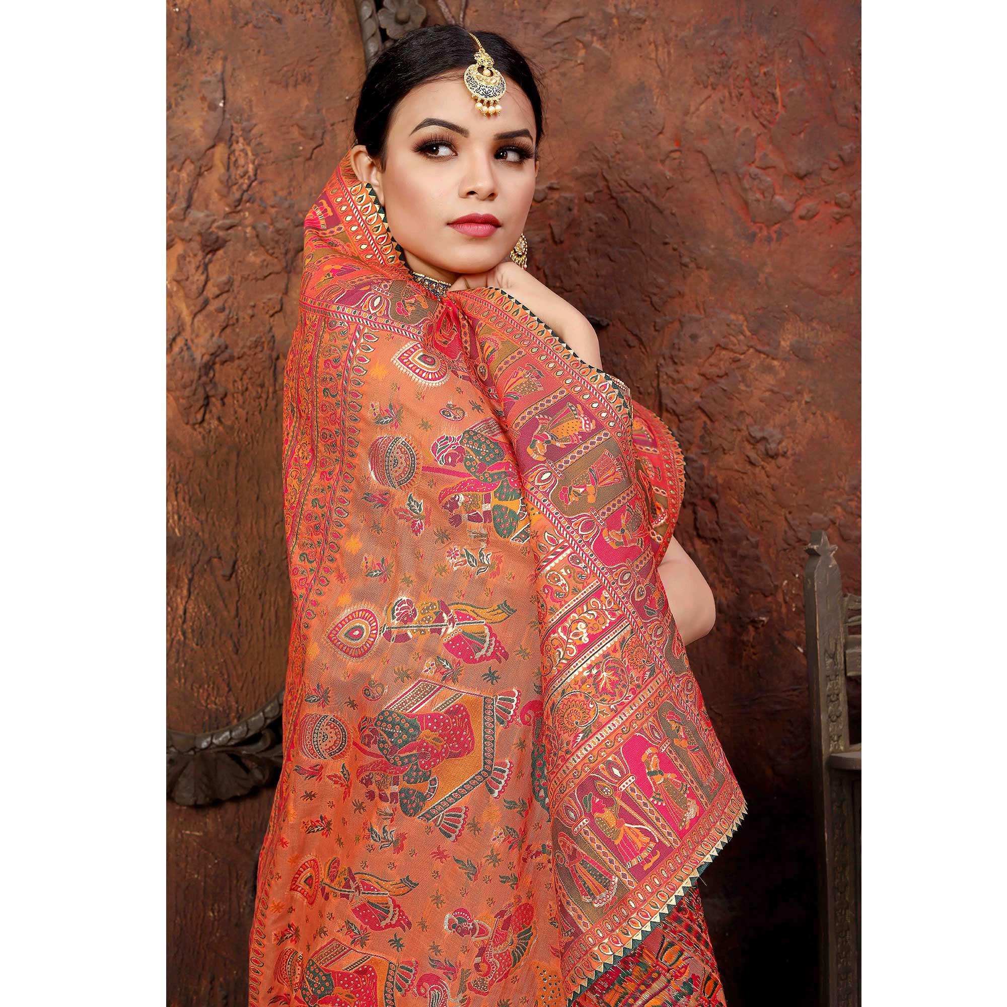 Orange Woven With Gota Patti Border Chanderi Saree - Peachmode