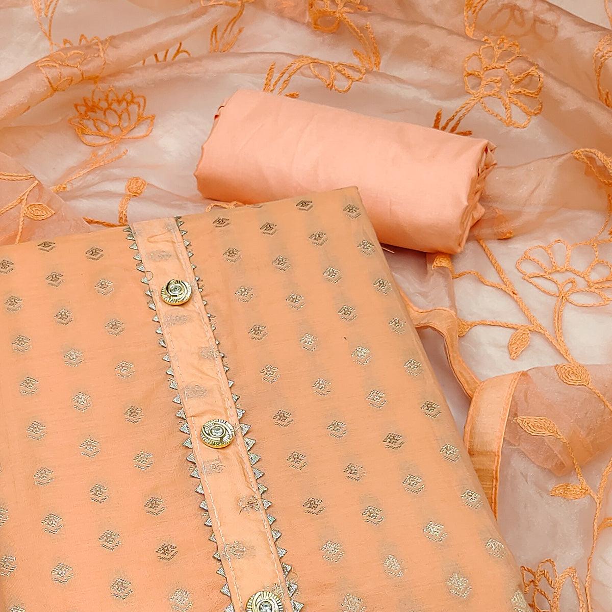 Orange Woven With Gota Work Cotton Blend Dress Material - Peachmode