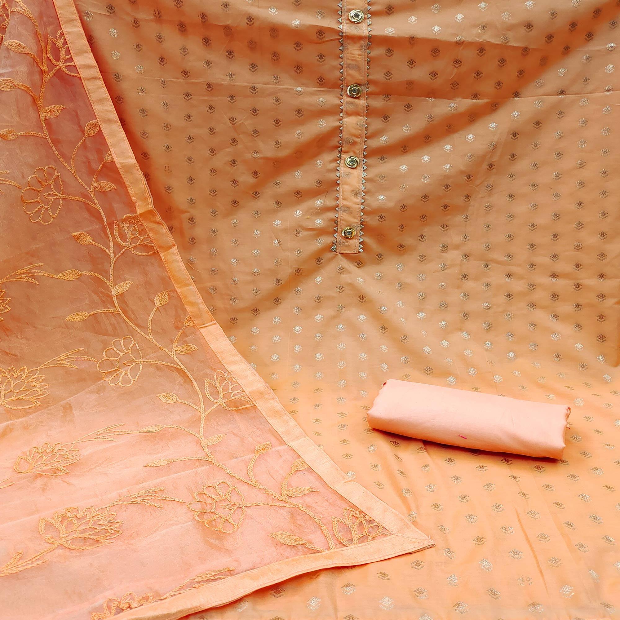 Orange Woven With Gota Work Cotton Blend Dress Material - Peachmode