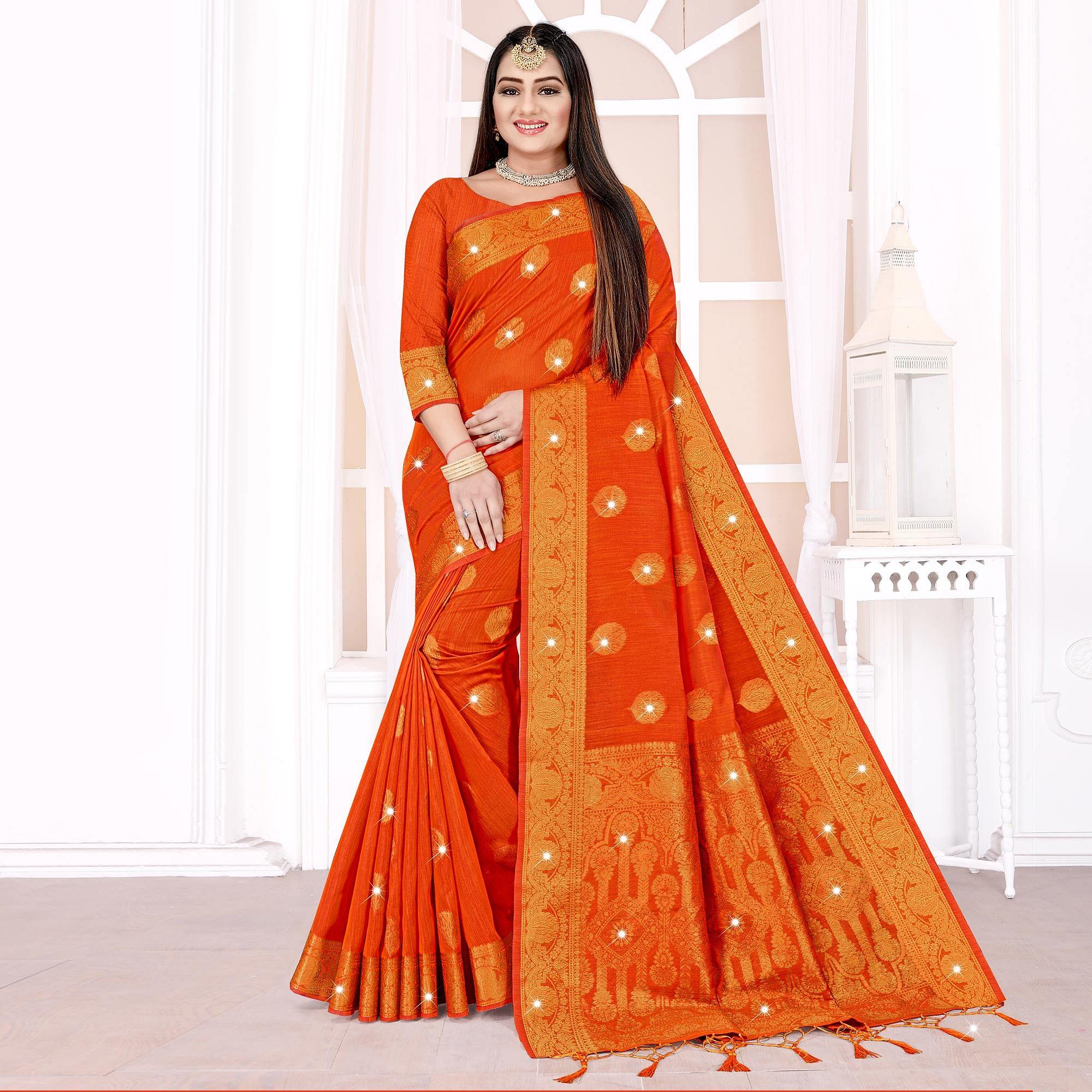 Orange Woven With Swarovski Cotton Silk Saree - Peachmode