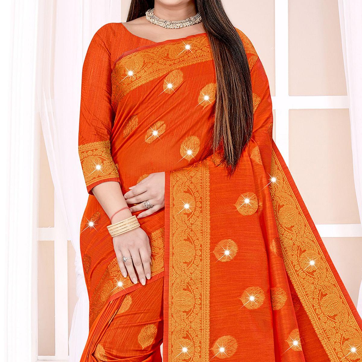 Orange Woven With Swarovski Cotton Silk Saree - Peachmode