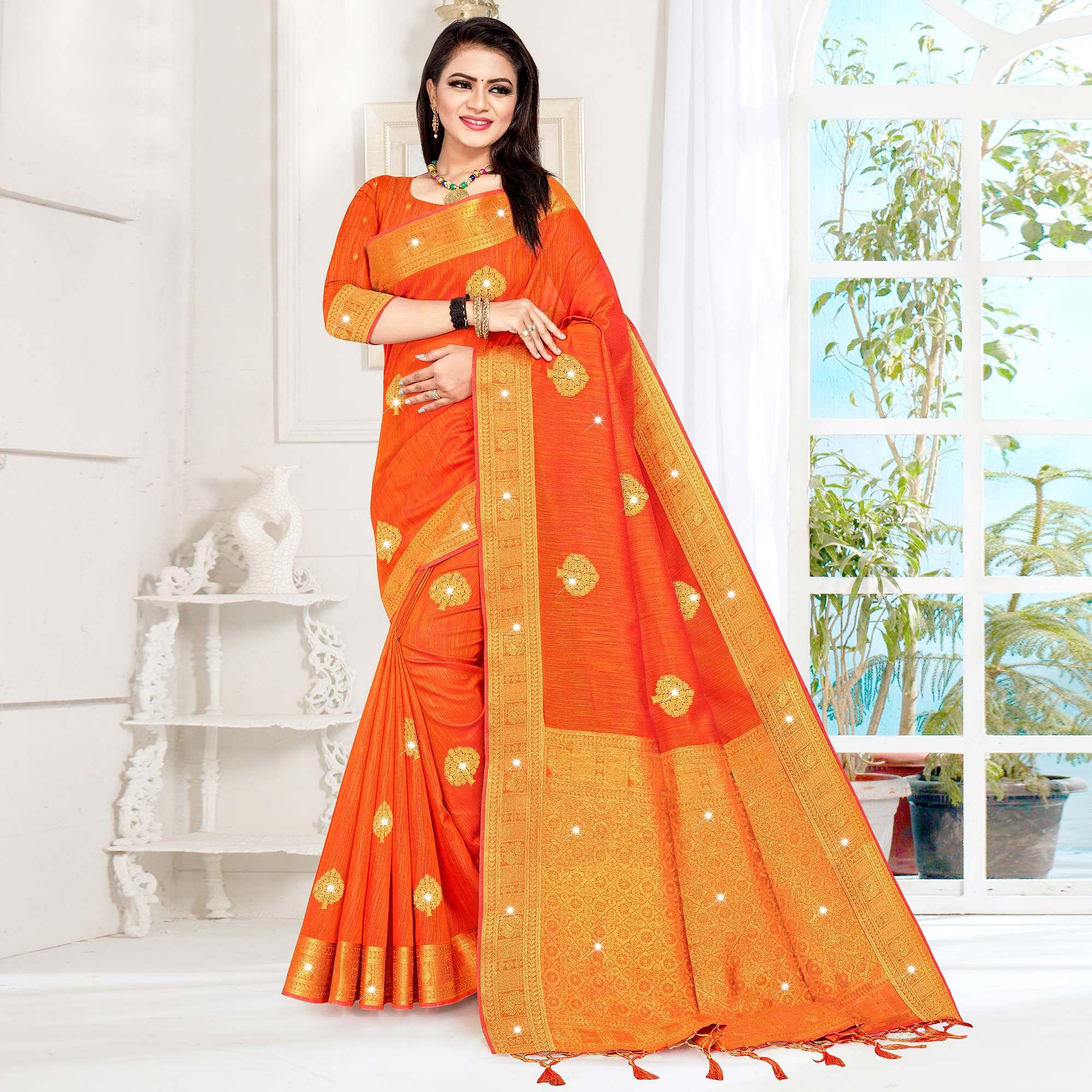 Orange Woven With Swarovski Cotton Silk Saree With Tassels - Peachmode