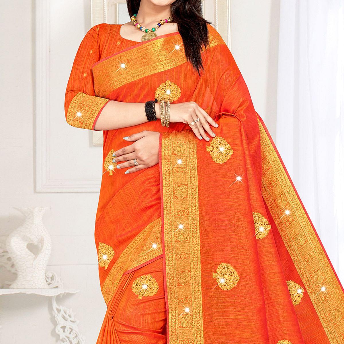 Orange Woven With Swarovski Cotton Silk Saree With Tassels - Peachmode