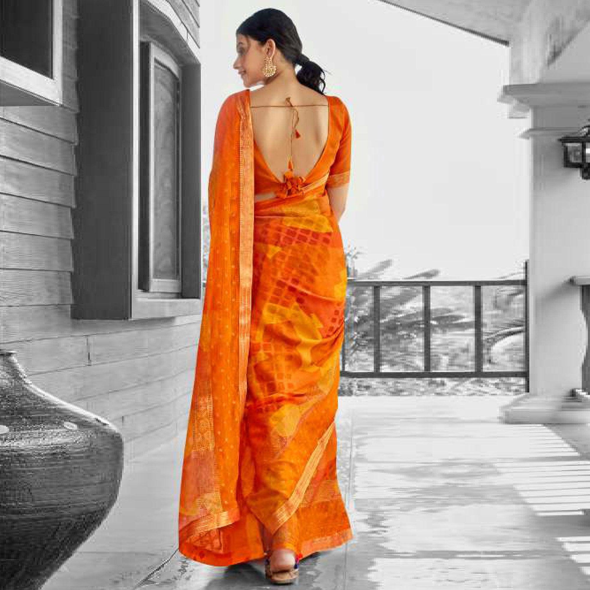 Orange - Yellow Casual Wear Printed Brasso Saree - Peachmode